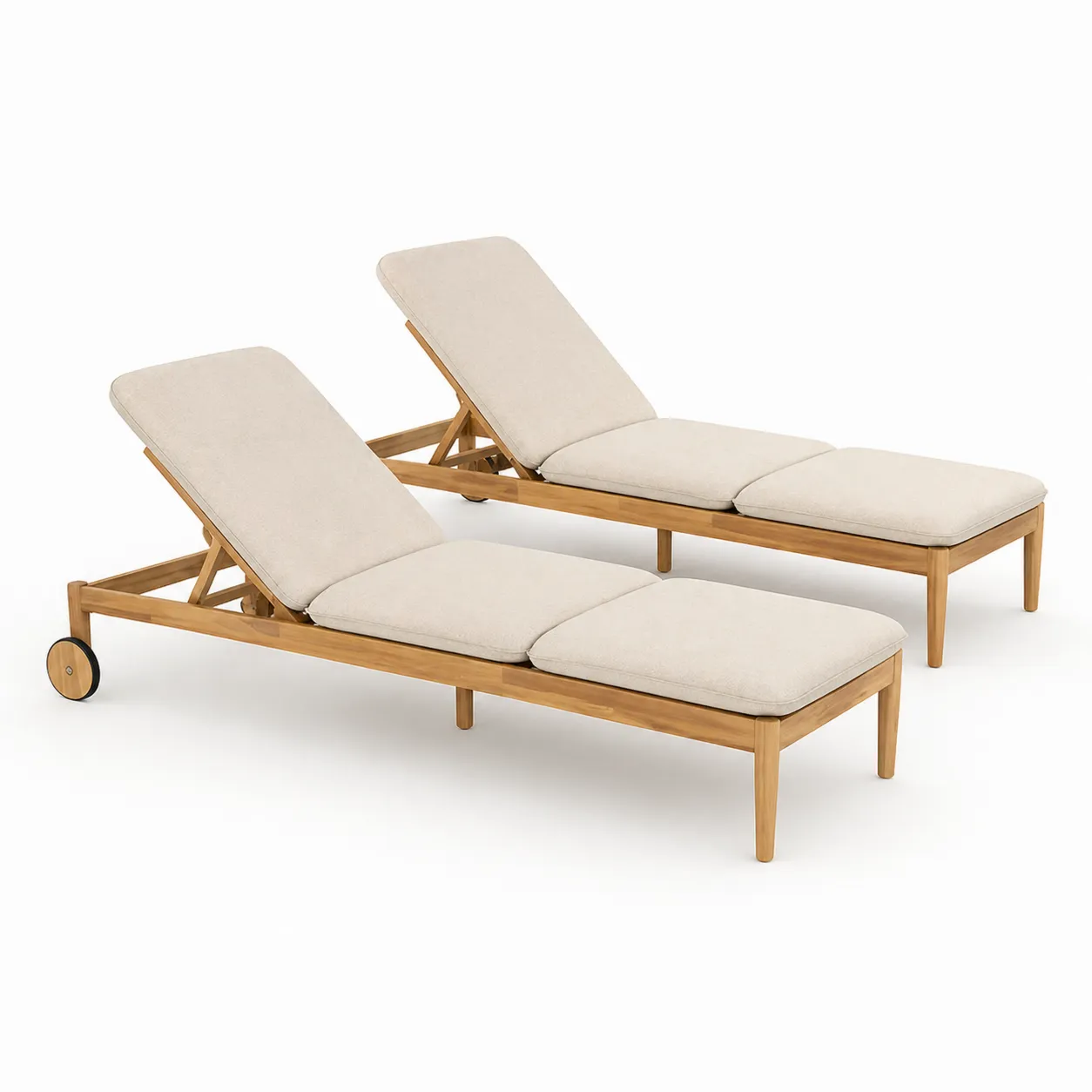 Ensemble de 2 chaises longues en bois de teck avec coussins beige