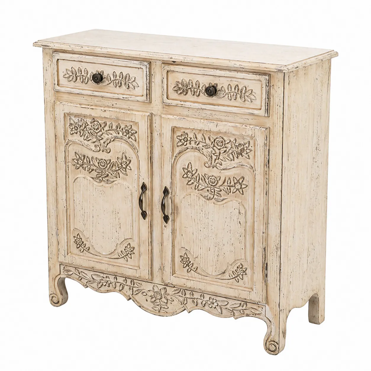 Commode en bois sculpté avec finition vieillie