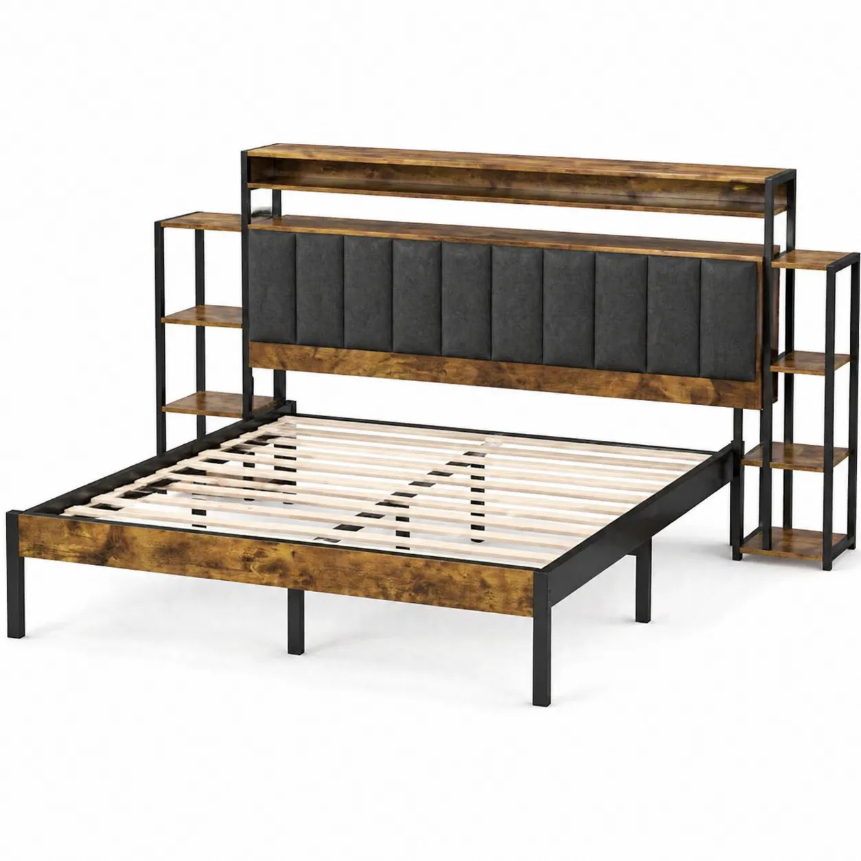 Lit double en bois et métal avec étagères intégrées et tête de lit rembourrée 140x200cm