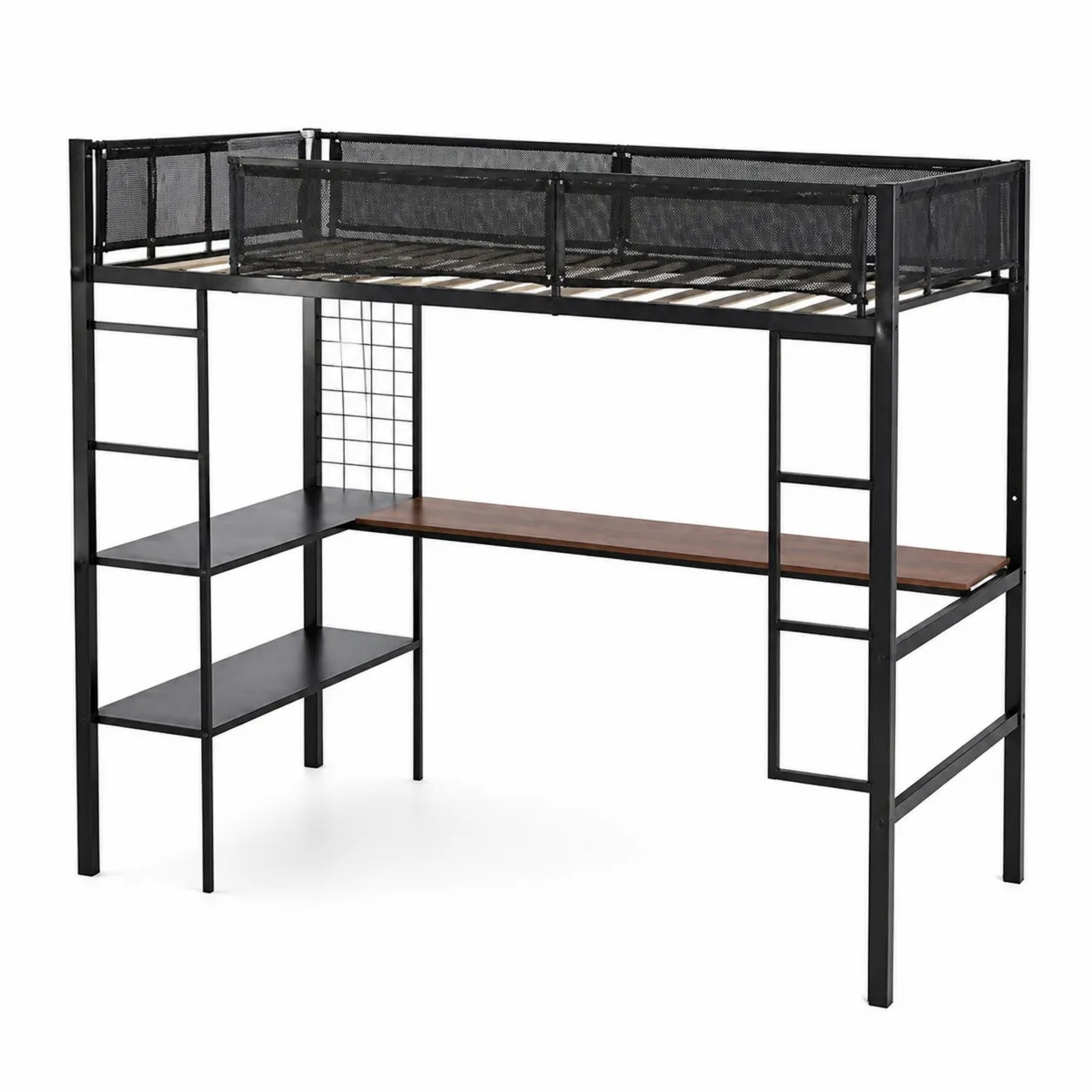 Lit mezzanine en métal noir avec bureau et étagères en bois