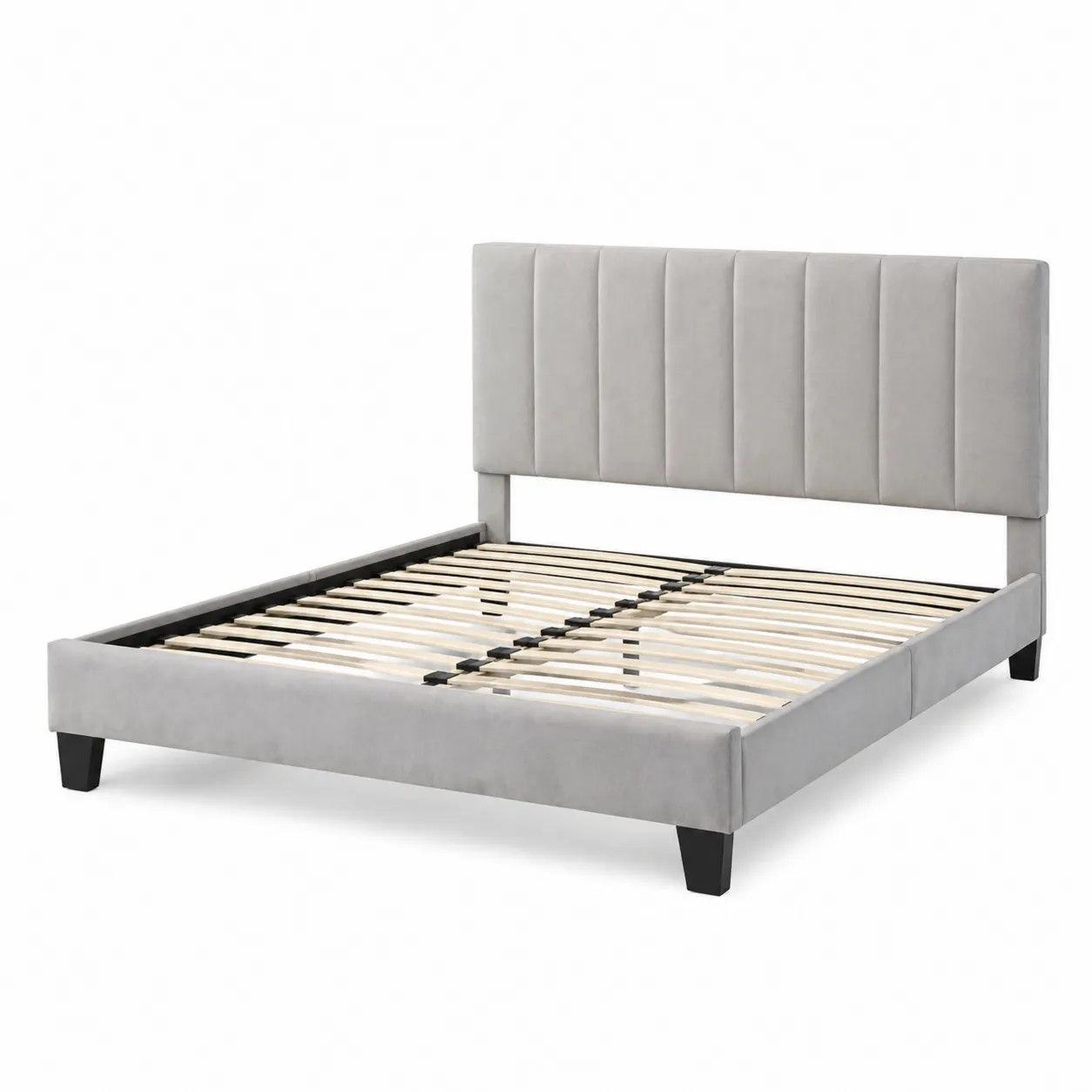 Lit double en velours gris avec lattes en contreplaqué