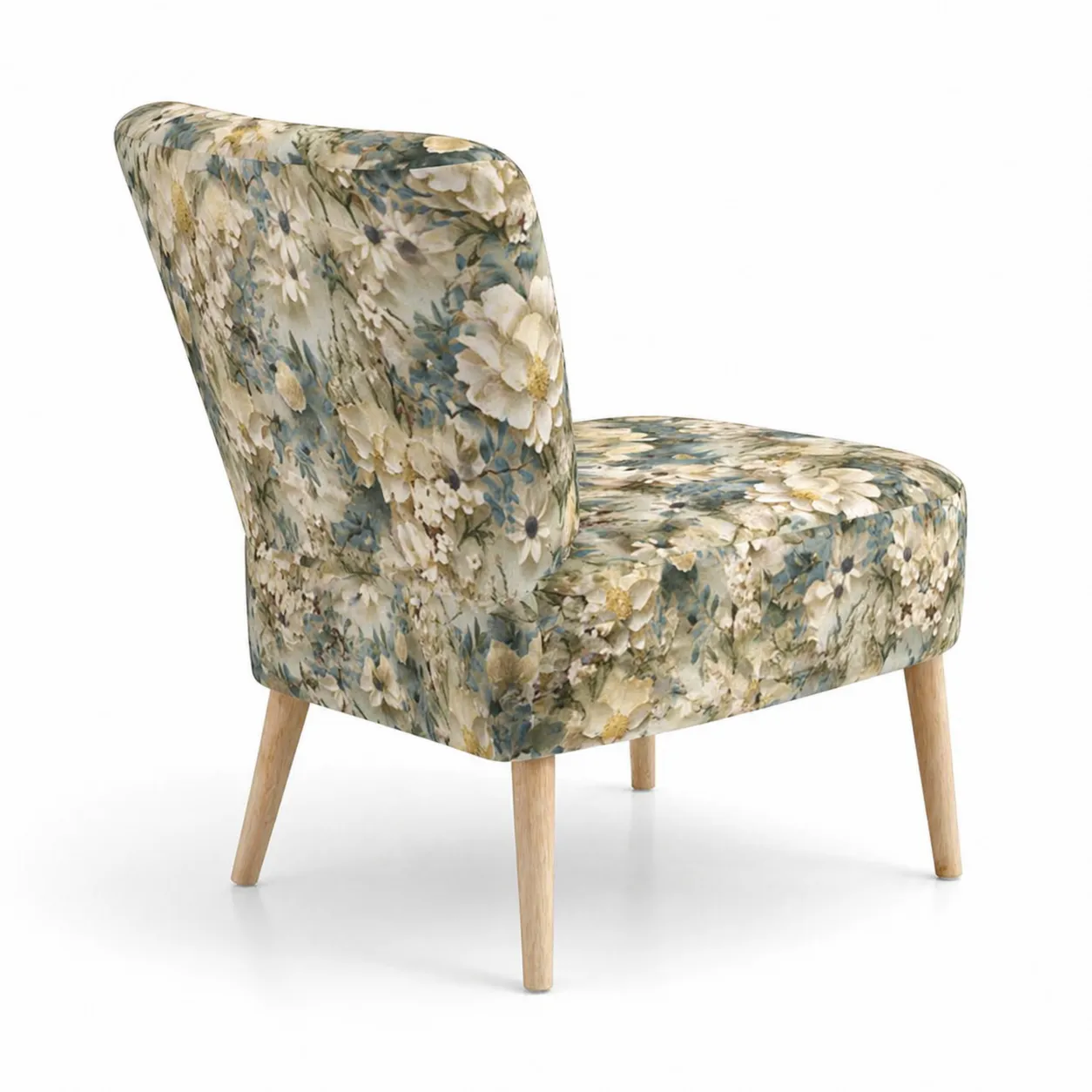 Chaise en tissu polyester motif floral avec pieds en bois de hêtre