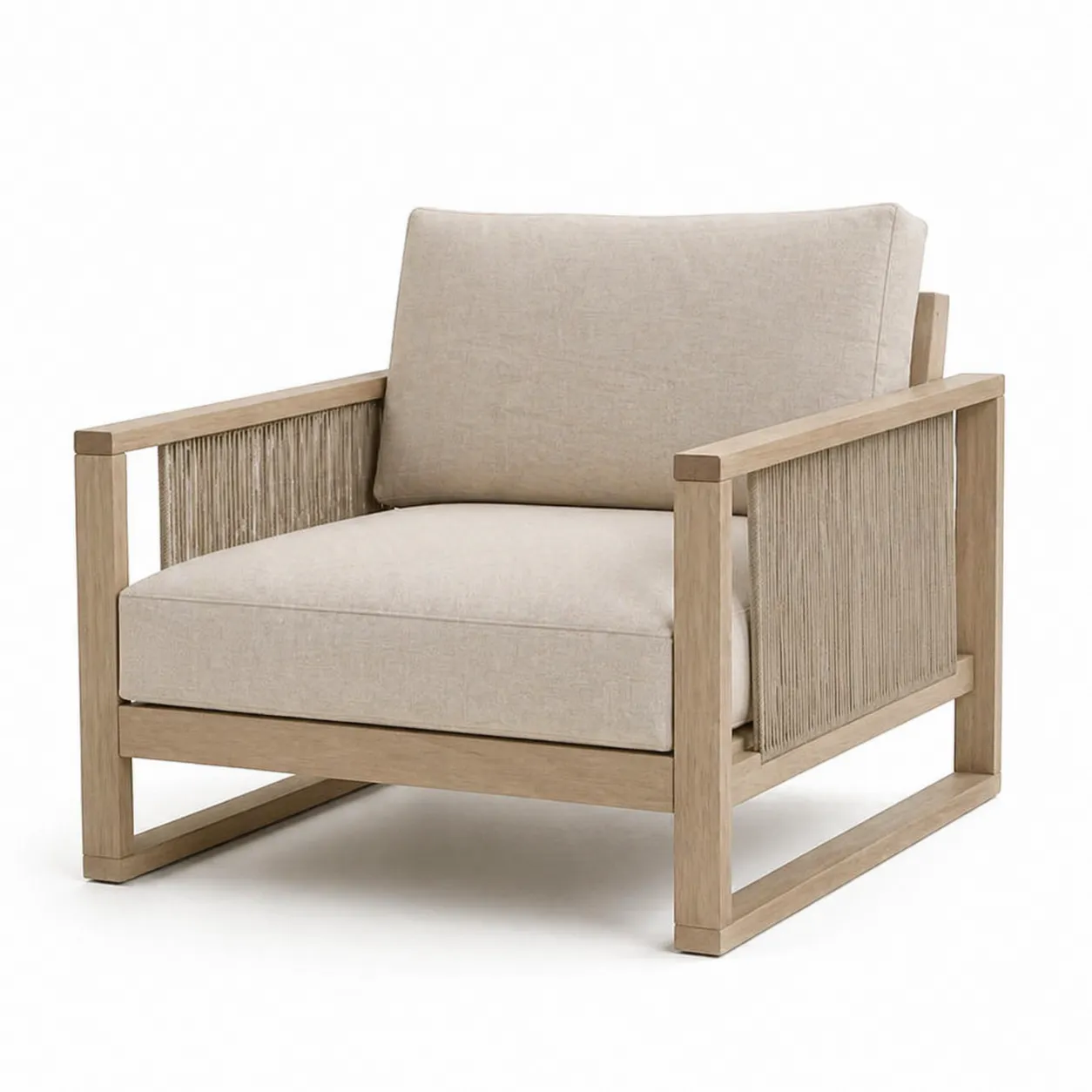 Fauteuil en bois d'acacia et tissu beige