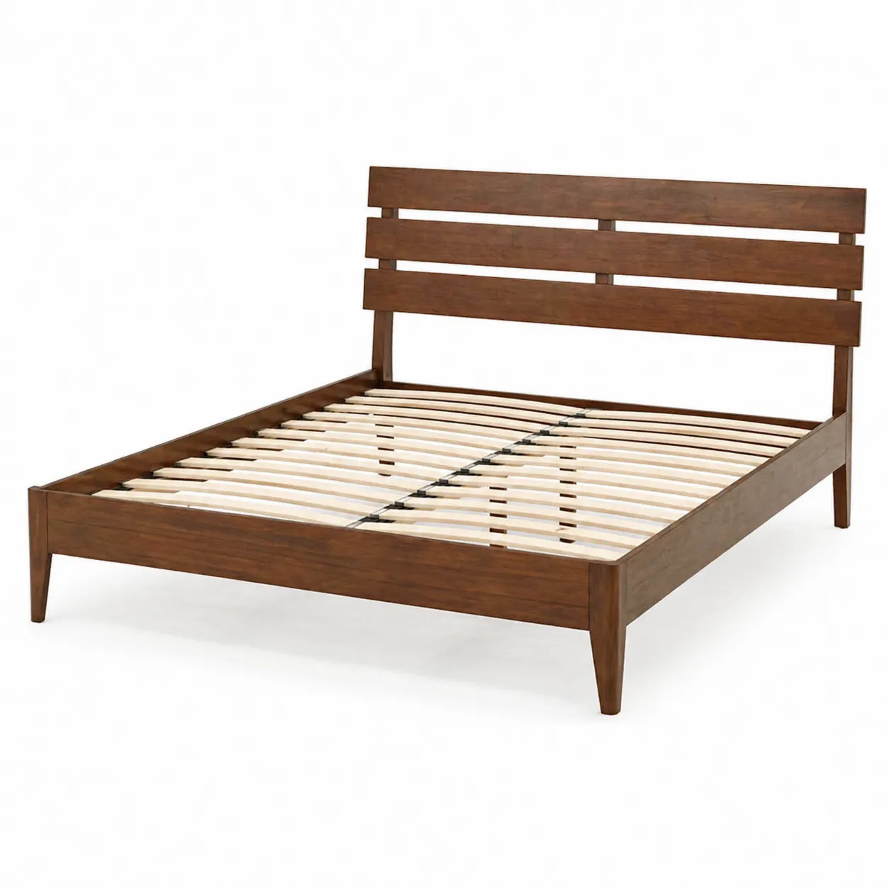 Lit double en bois avec tête de lit à lattes