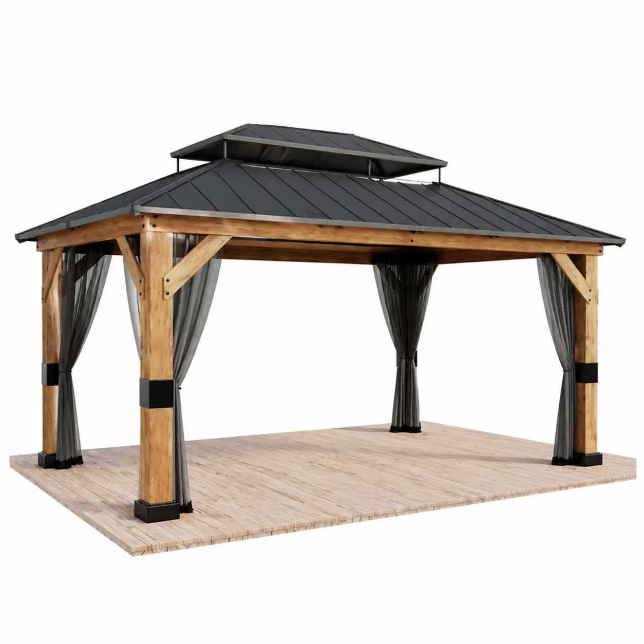 Pavillon en bois avec toit en métal et rideaux 400 cm x 300 cm