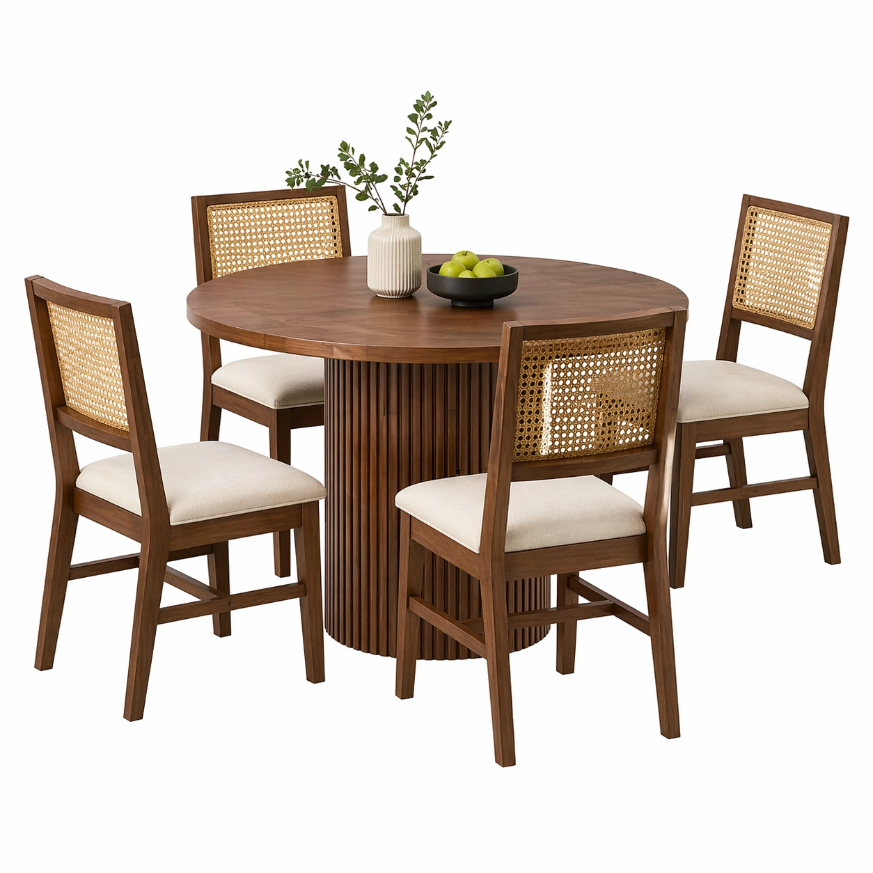 Mesa de comedor redonda con 4 sillas de madera y ratán – Marrón natural 120 cm-nexaglory