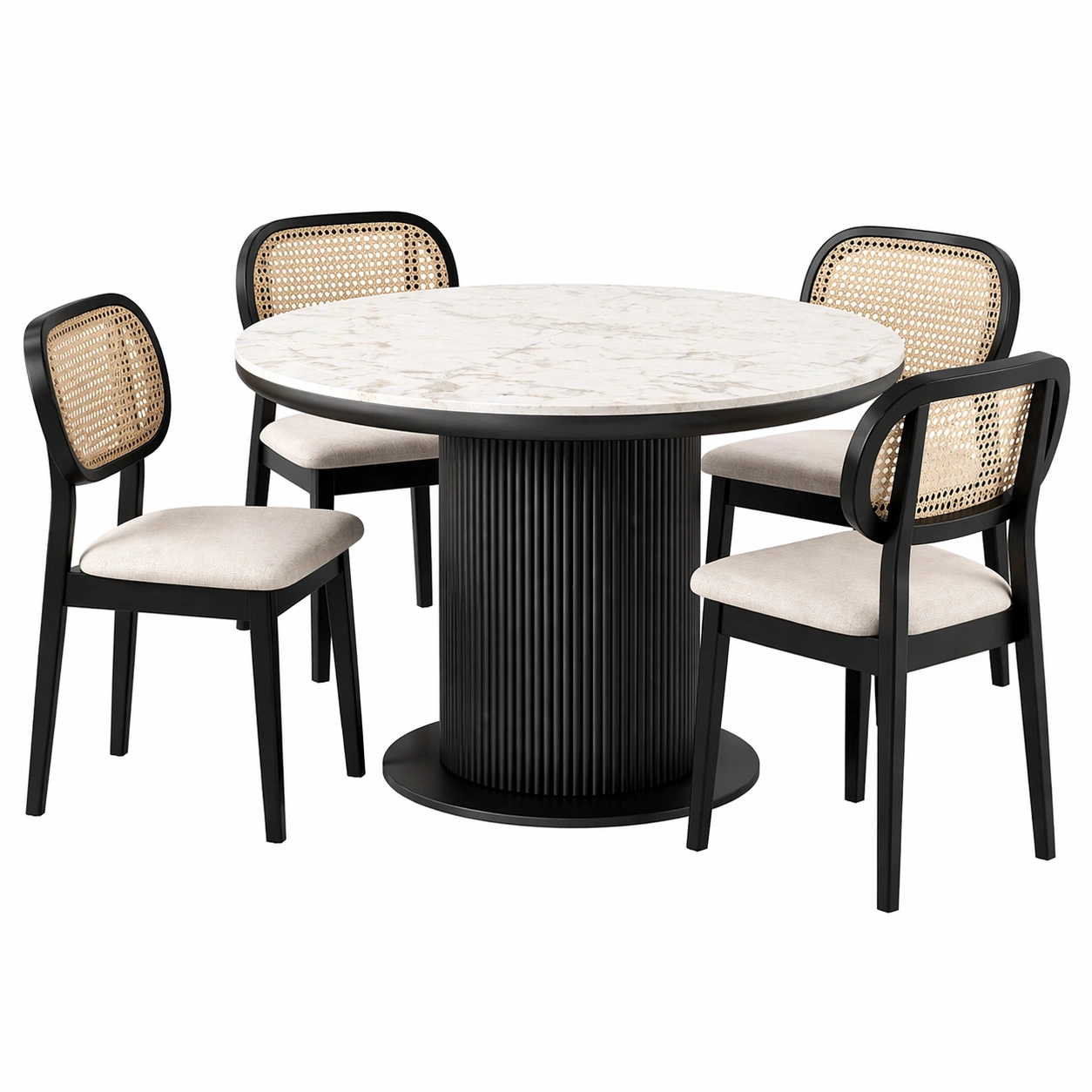 Conjunto de mesa redonda con 4 sillas tapizadas estilo moderno negro y beige claro 110/155 cm-nexaglory
