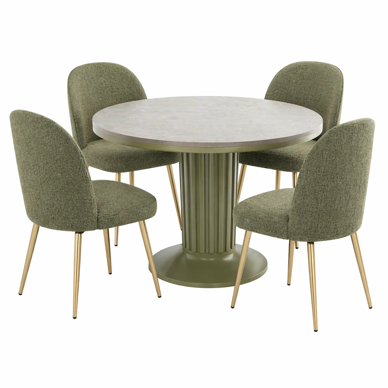 Conjunto de mesa de comedor redonda extensible con 4 sillas tapizadas – Verde oliva y acabado moderno 110/155 cm-nexaglory