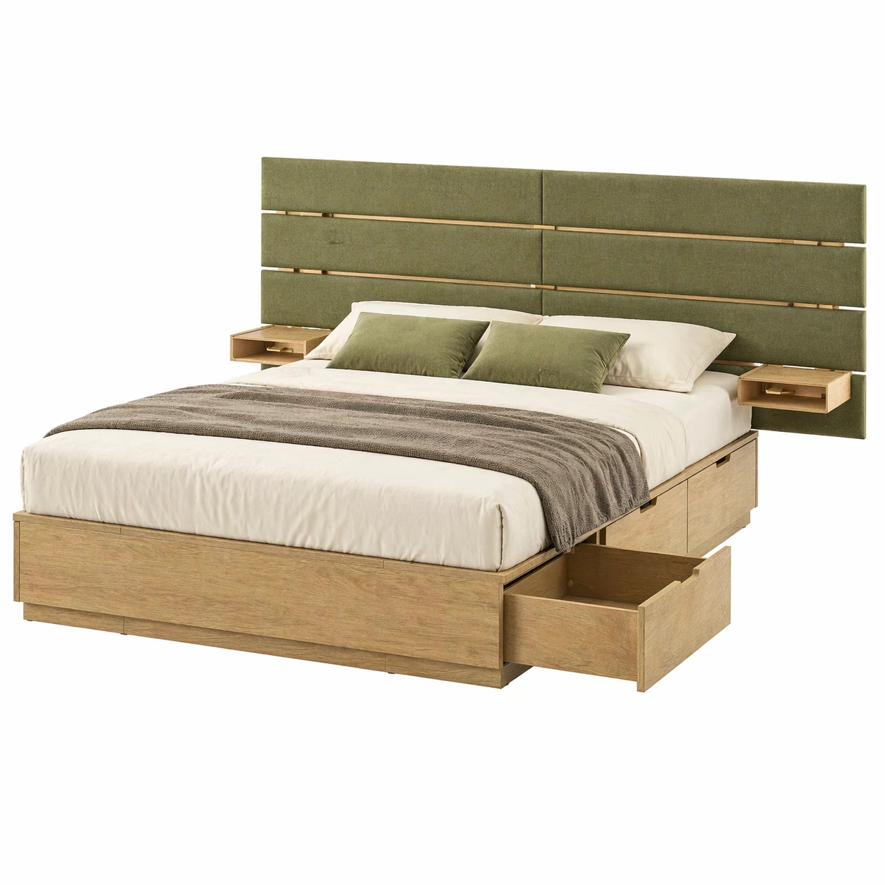 Cama con almacenamiento integrado y cabecero tapizado estilo moderno en madera natural 160x200 cm-nexaglory