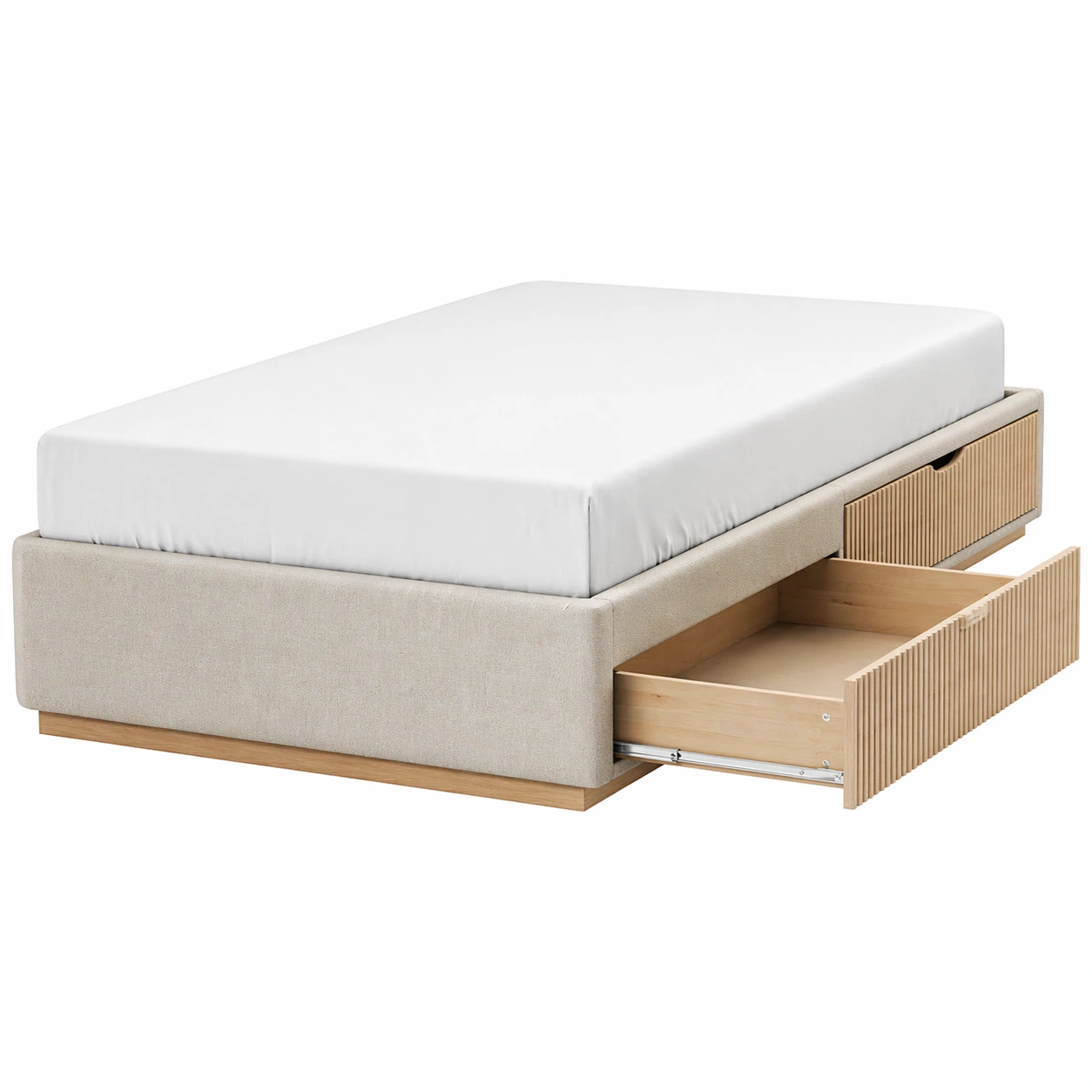 Cama doble tapizada con cajones integrados en beige claro 160x200 cm-nexaglory