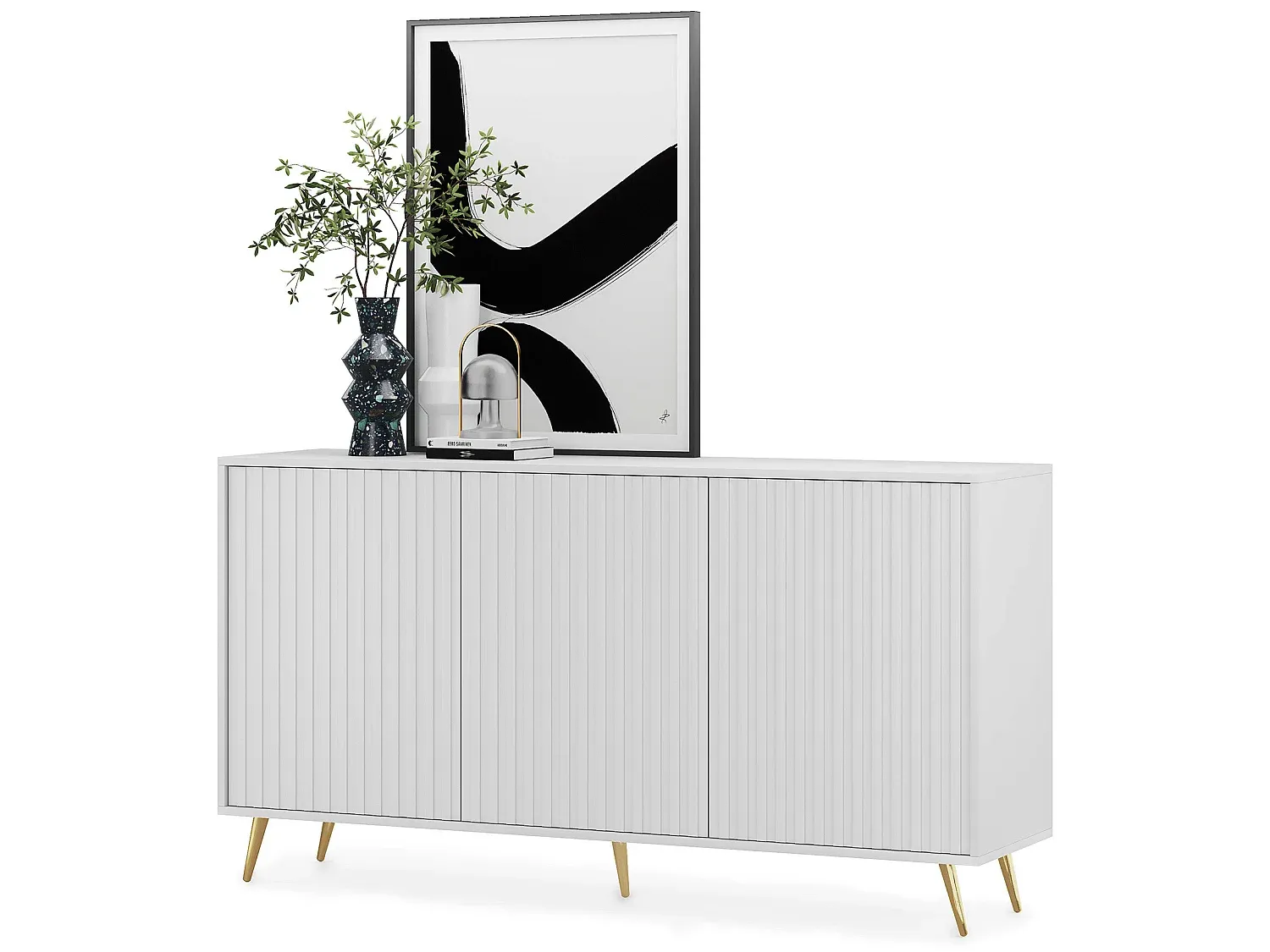 Moderner Sideboard mit Lamellenfronten und goldenen Beinen, 154 cm, Weiß