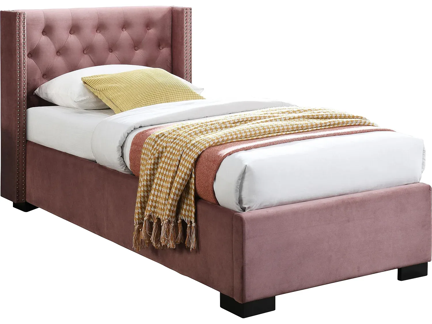 Einzelbett mit Stauraum und gestepptem Kopfteil in Rosa, 90 x 200 cm