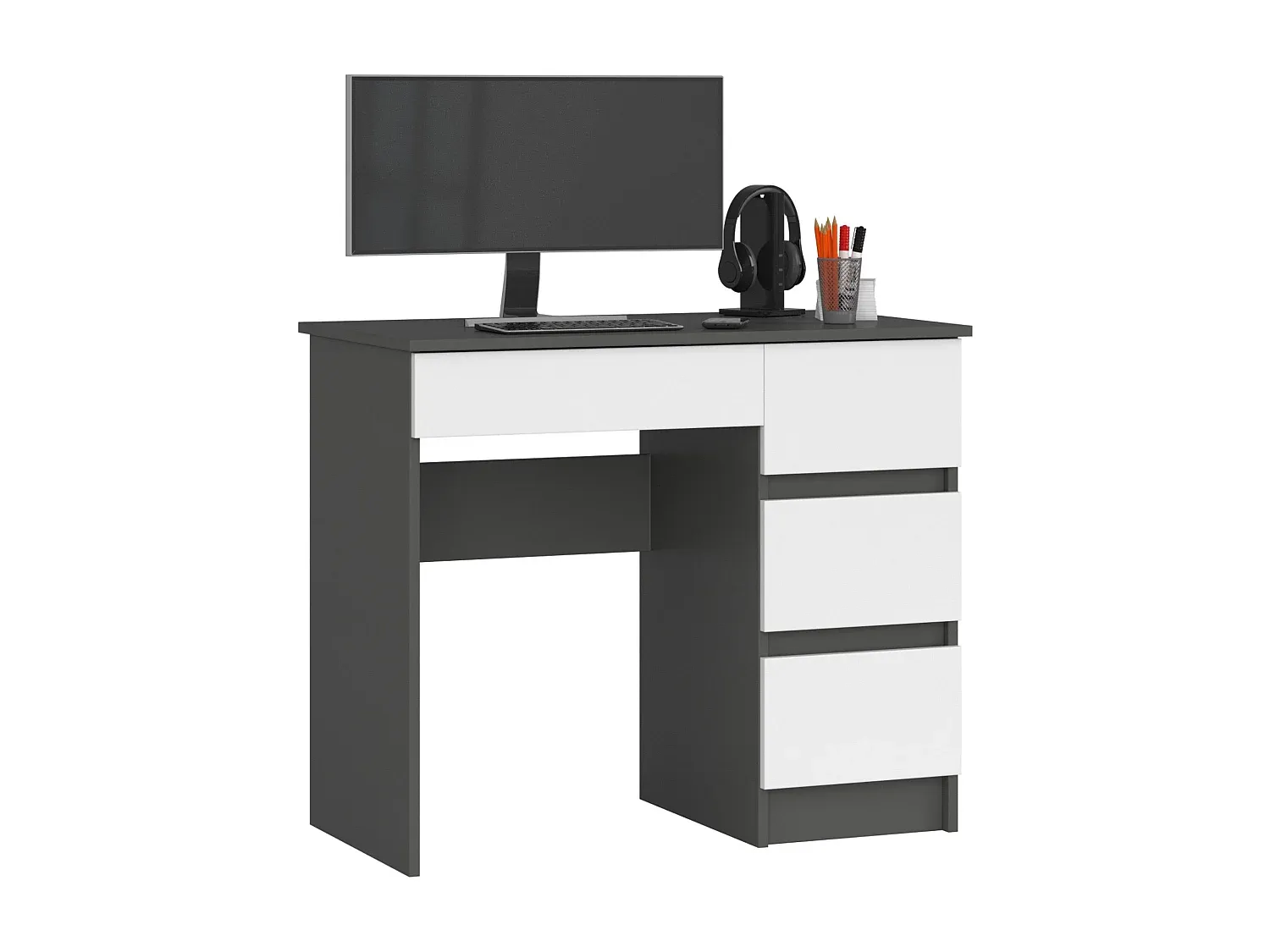 Moderner Schreibtisch mit 4 Schubladen, Graphitgrau und Weiß