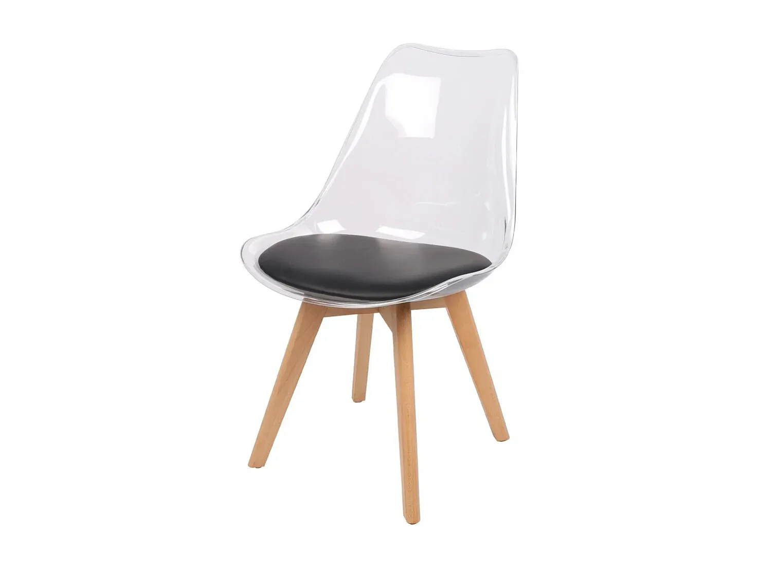 4er-Set Transparente Stühle mit Schwarzem Sitz und Holzbeinen