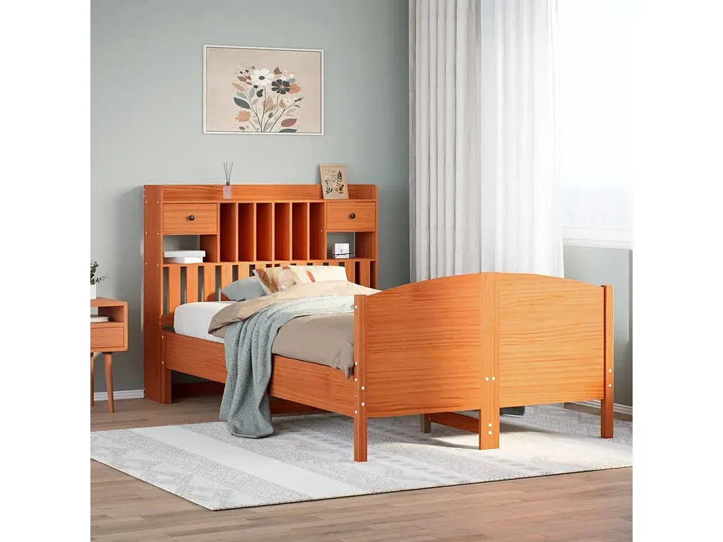 Holzbett mit integriertem Regal in Wachsbraun 135x190 cm
