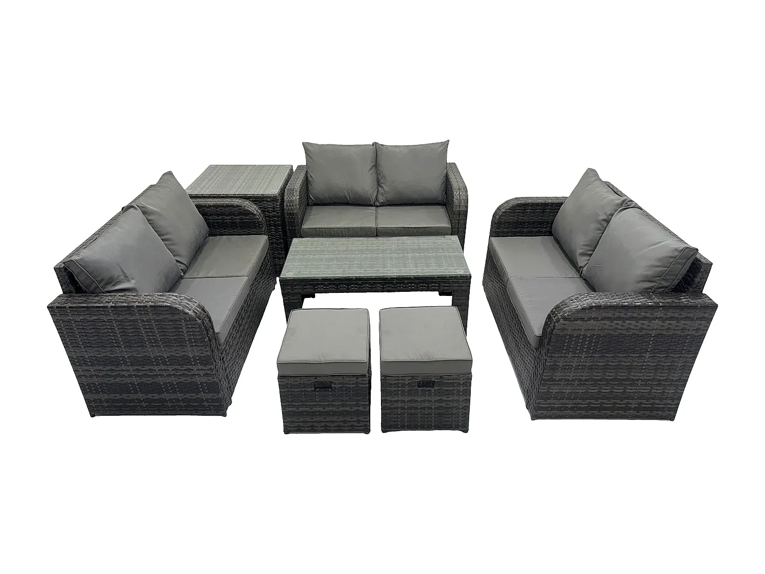 Großes Gartenmöbel Set aus Polyrattan mit Tisch und Sitzhockern