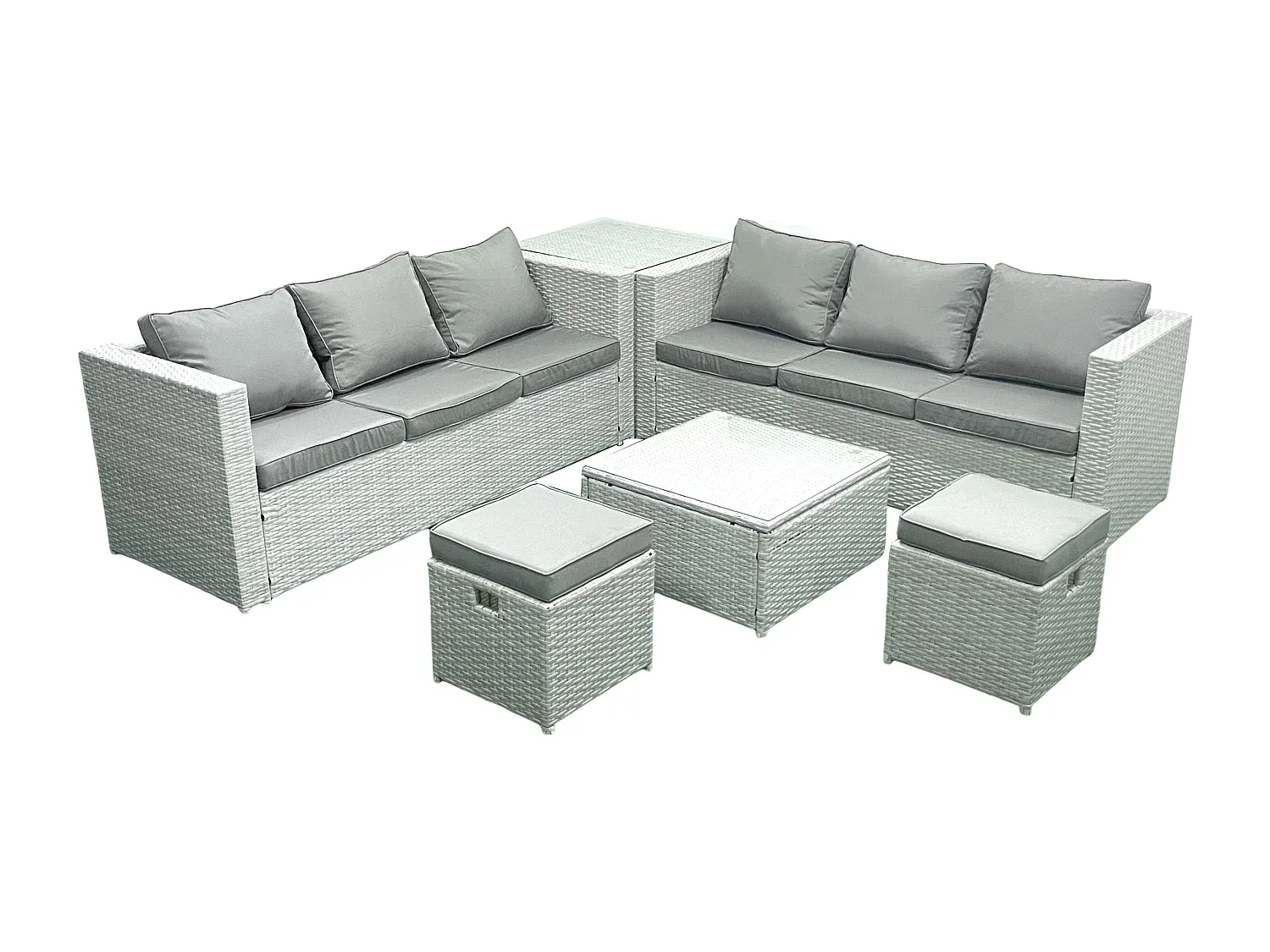 Outdoor Sitzgruppe aus Polyrattan für 8 Personen mit Hockern und Tisch Hellgrau