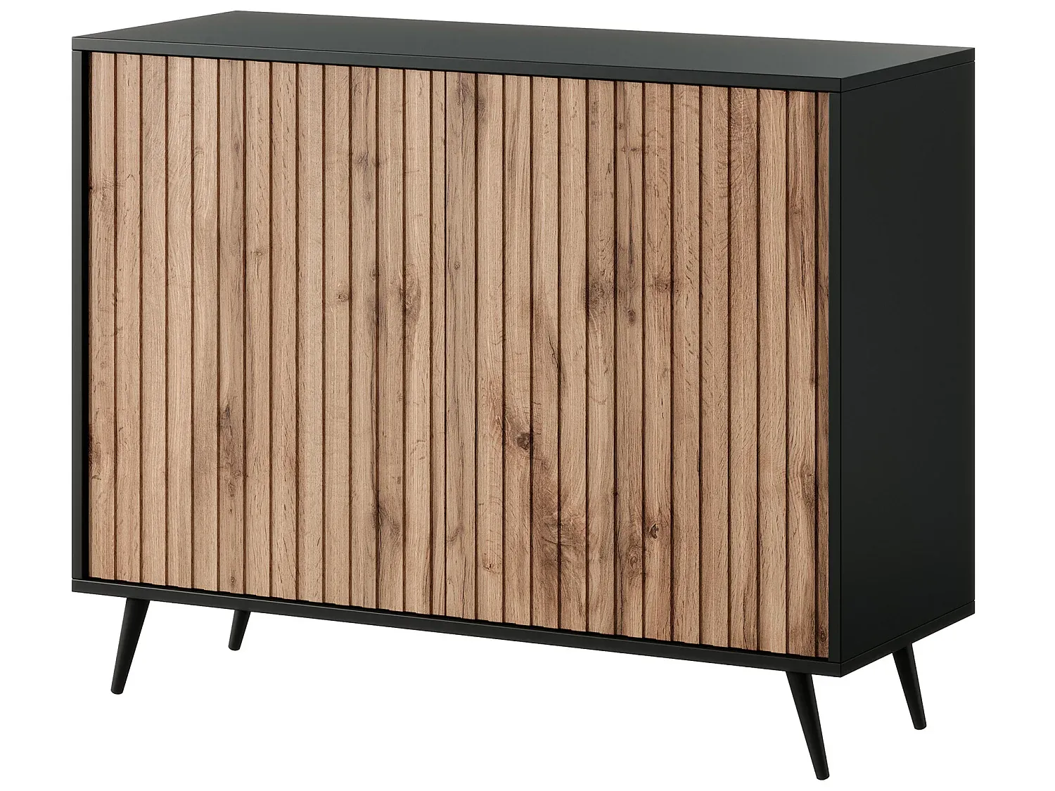 Sideboard mit Lamellenfronten - 104 cm - Schwarz und Eiche