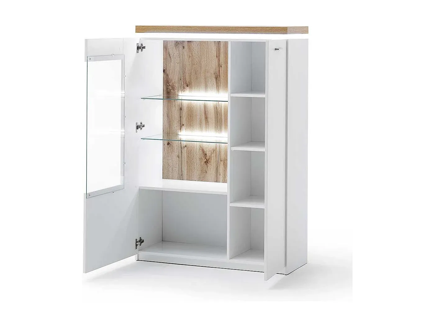 Moderne Vitrine mit LED-Beleuchtung in Weiß und Holzoptik