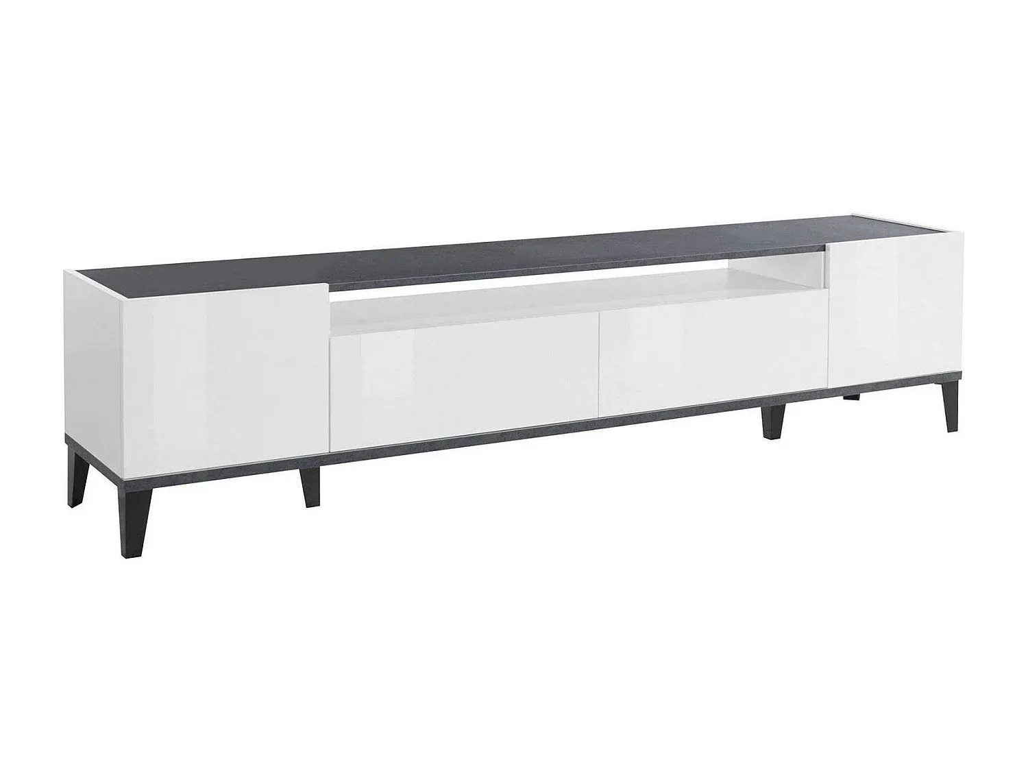 Niedriger TV-Schrank mit 2 Türen in Hochglanz Weiß und Schiefer, 200 x 40 x 47 cm