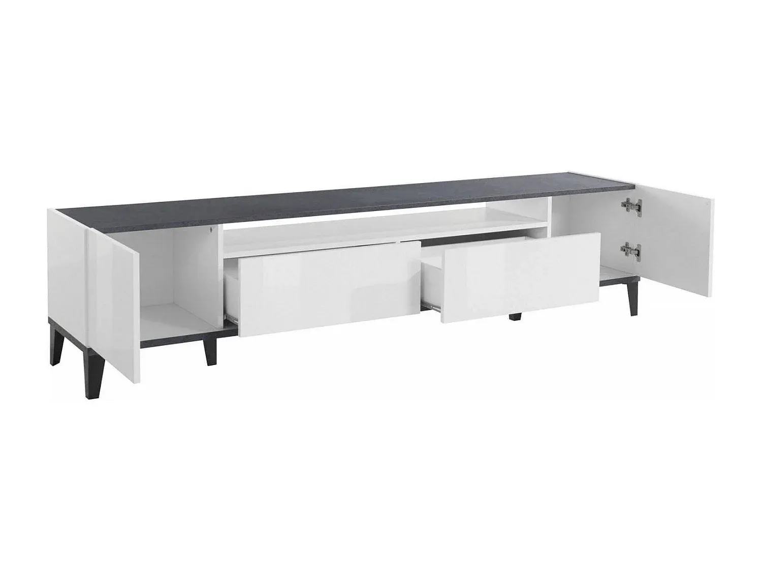 Niedriger TV-Schrank mit 2 Türen in Hochglanz Weiß und Schiefer, 200 x 40 x 47 cm