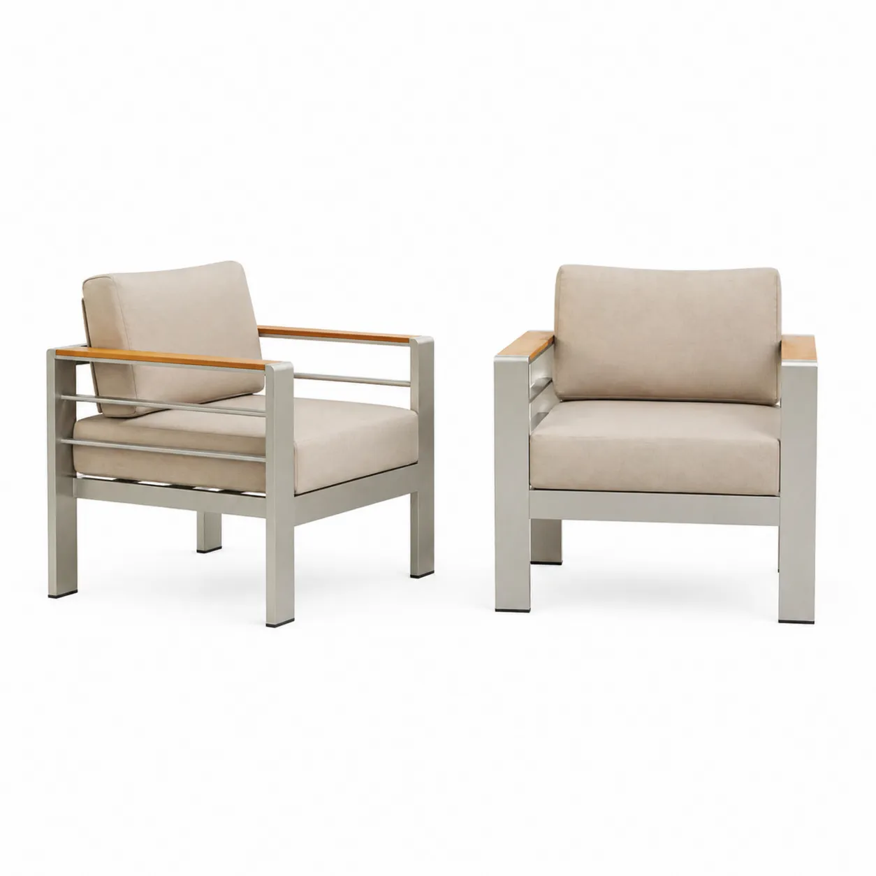 Fauteuils de salon en métal avec accoudoirs en bois et coussins beige