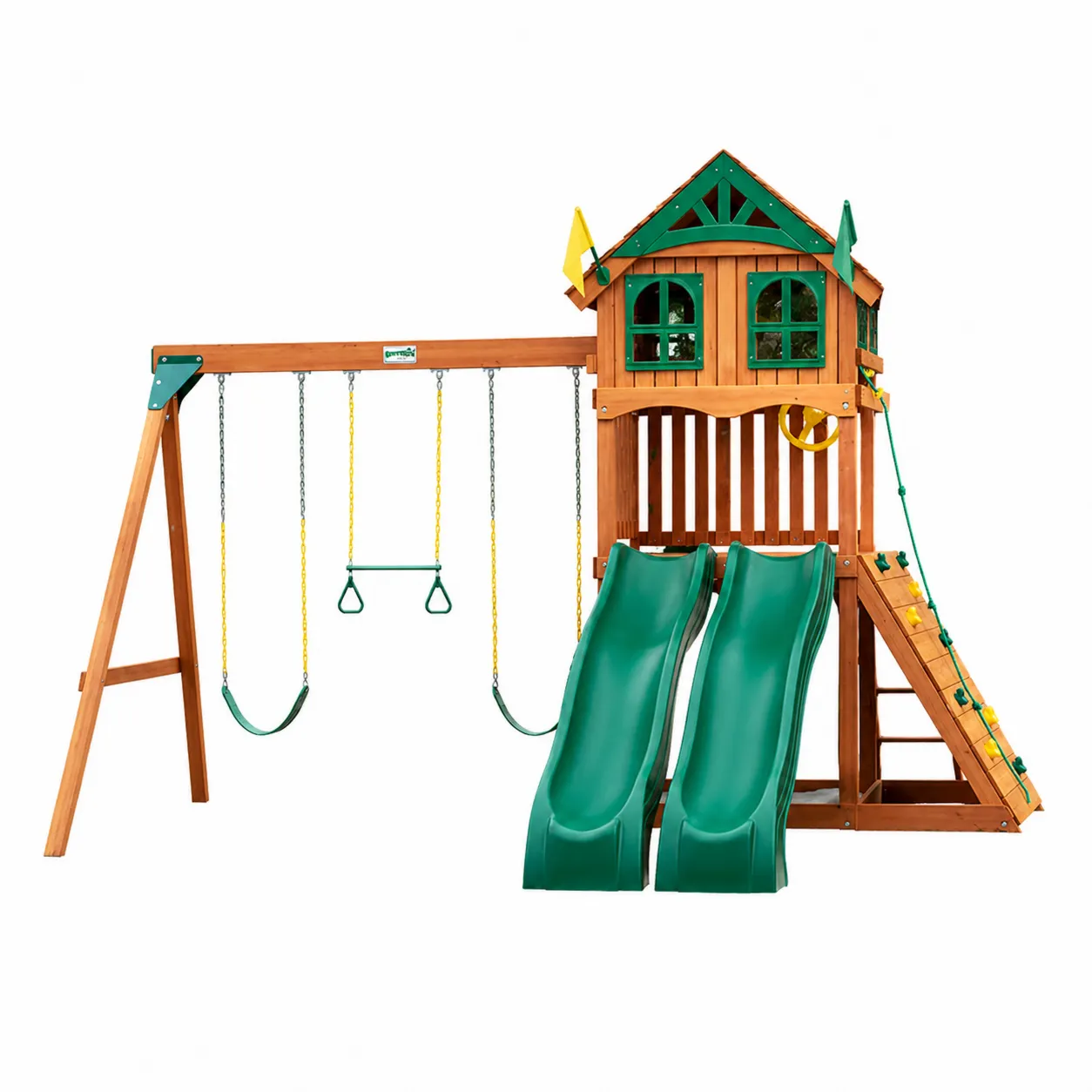 Aire de jeux en cèdre avec toboggans et balançoires vertes