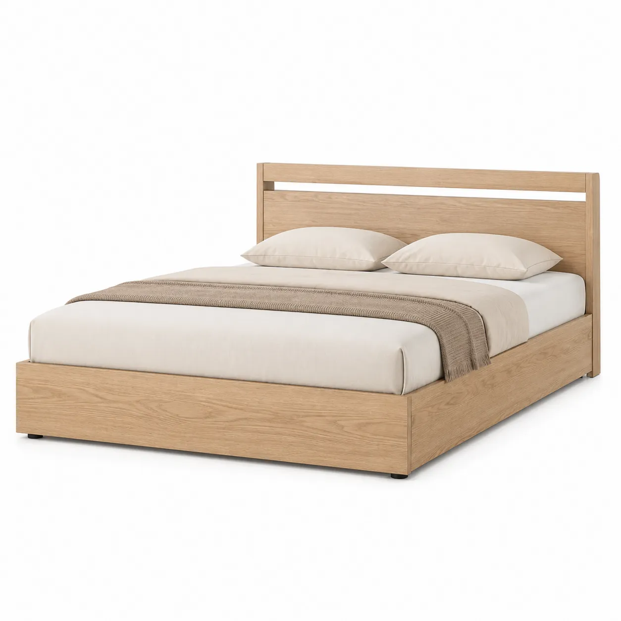 Lit double en bois chêne clair 200x160 cm avec matelas et oreillers