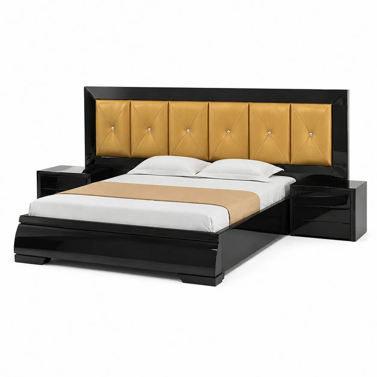 Lit double avec tête de lit en cuir synthétique et cadre en bois noir