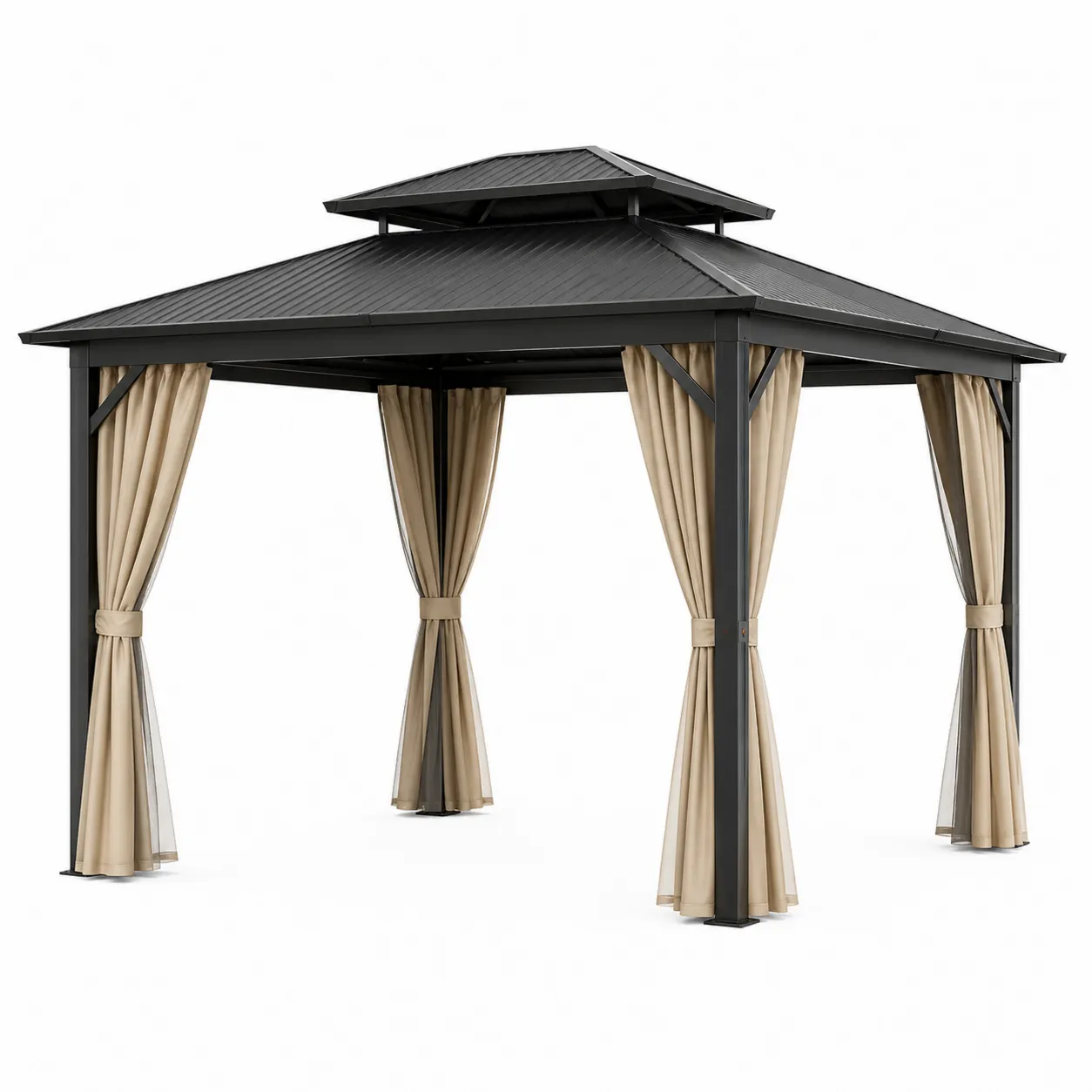 Tonnelle de Jardin en Acier Noir avec Rideaux Beige