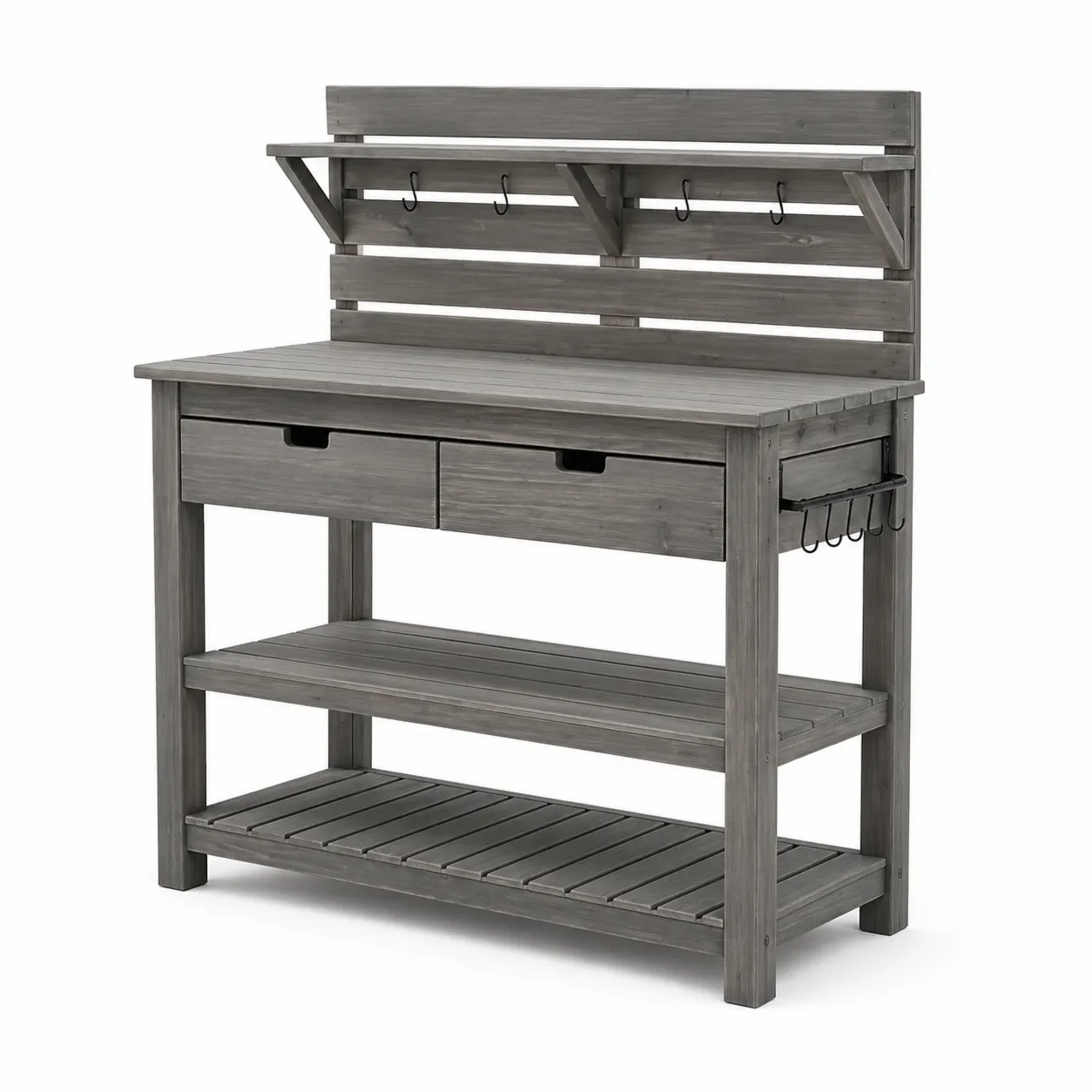 Table de culture en bois d'acacia avec étagères et crochets, 120x50x150 cm, Gris