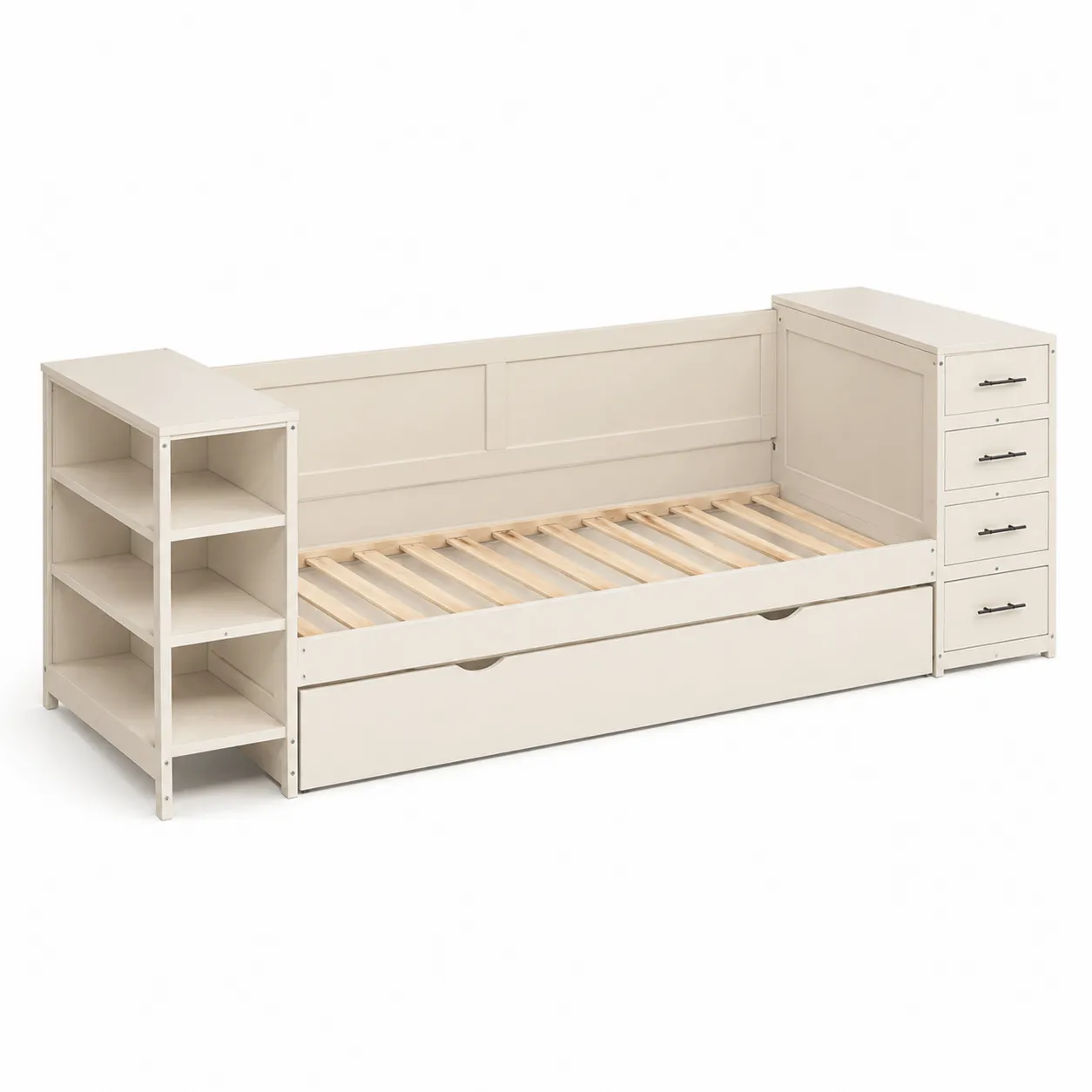 Lit de jour en bois avec tiroirs et étagères Blanc