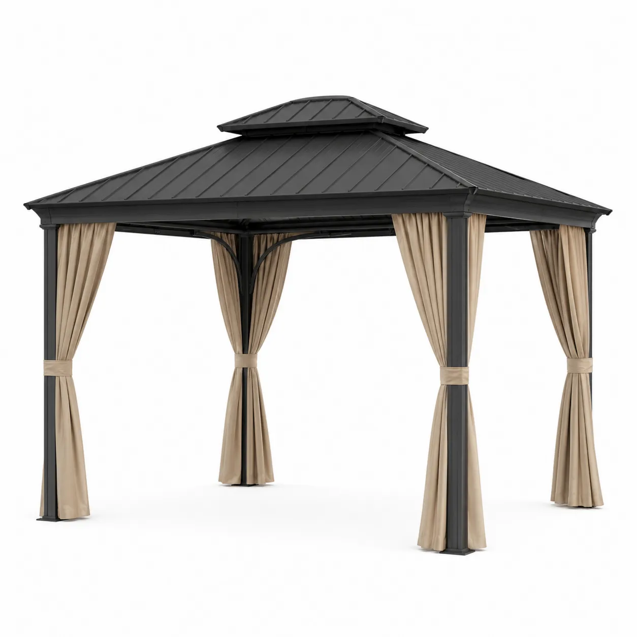 Pavillon de Jardin en Aluminium avec Rideaux en Polyester Beige 300x300 cm