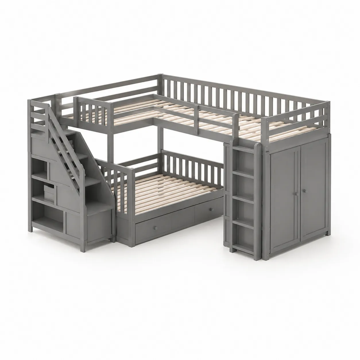 Lit superposé en bois Gris avec rangement et armoire