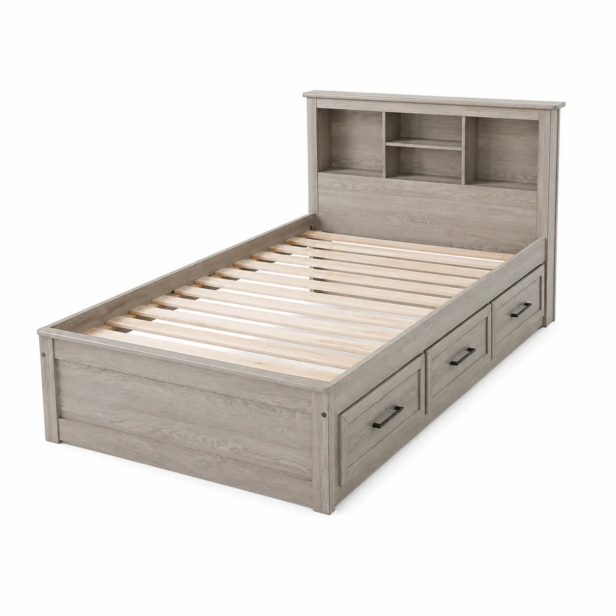 Lit simple en bois gris avec tête de lit étagère et tiroirs 90x200 cm