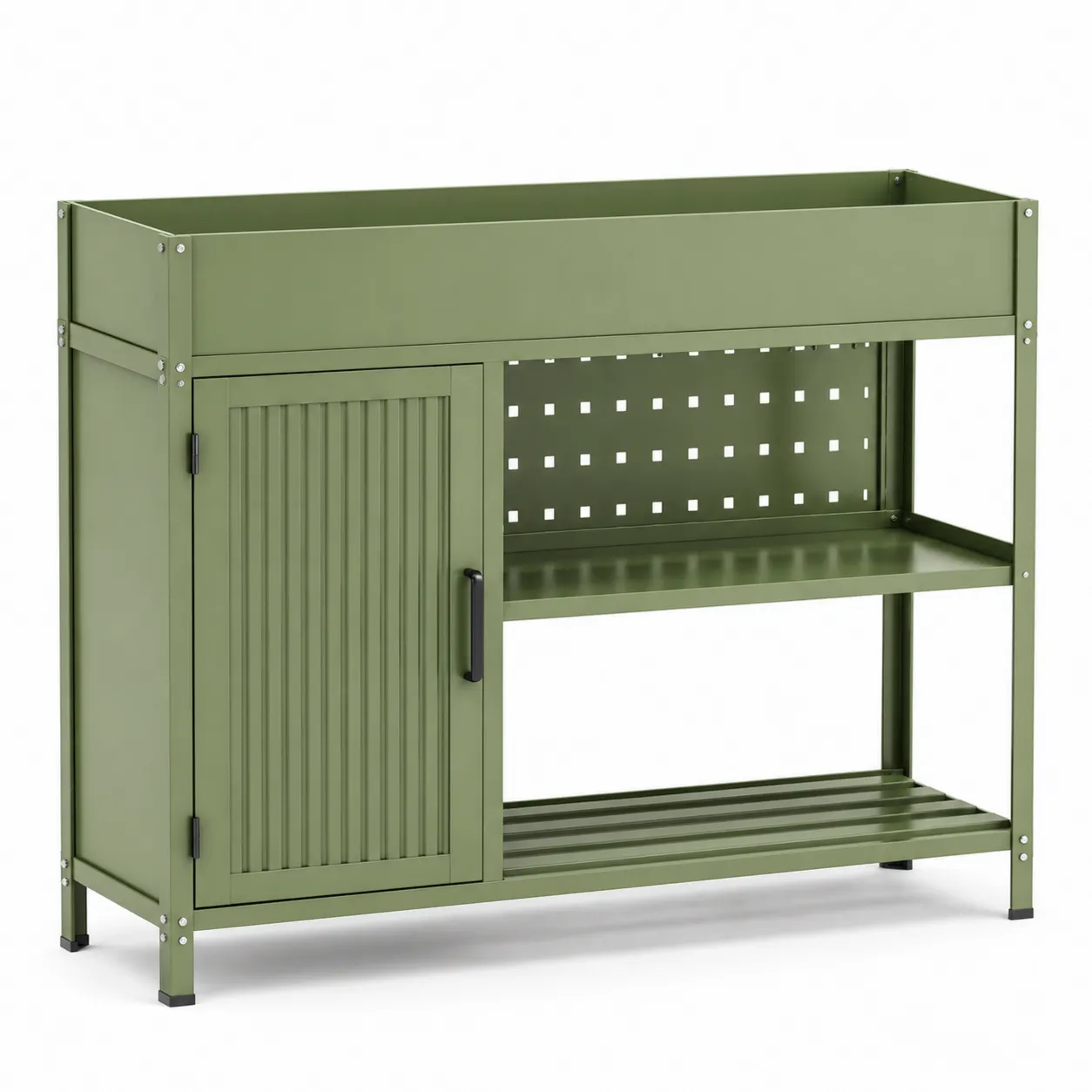 Table de culture en métal vert avec armoire et étagères