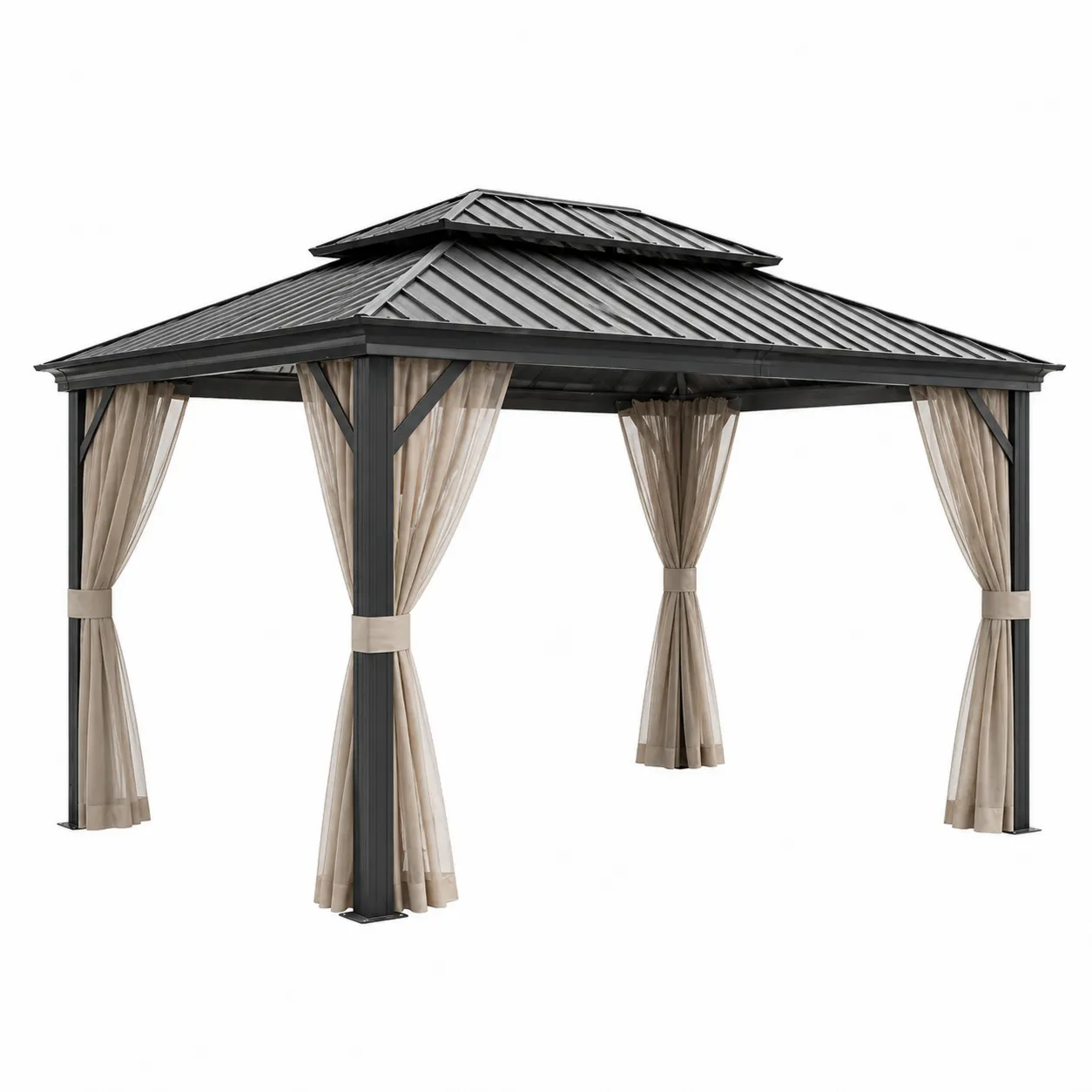 Pavillon en aluminium avec toit en acier et rideaux en polyester Beige