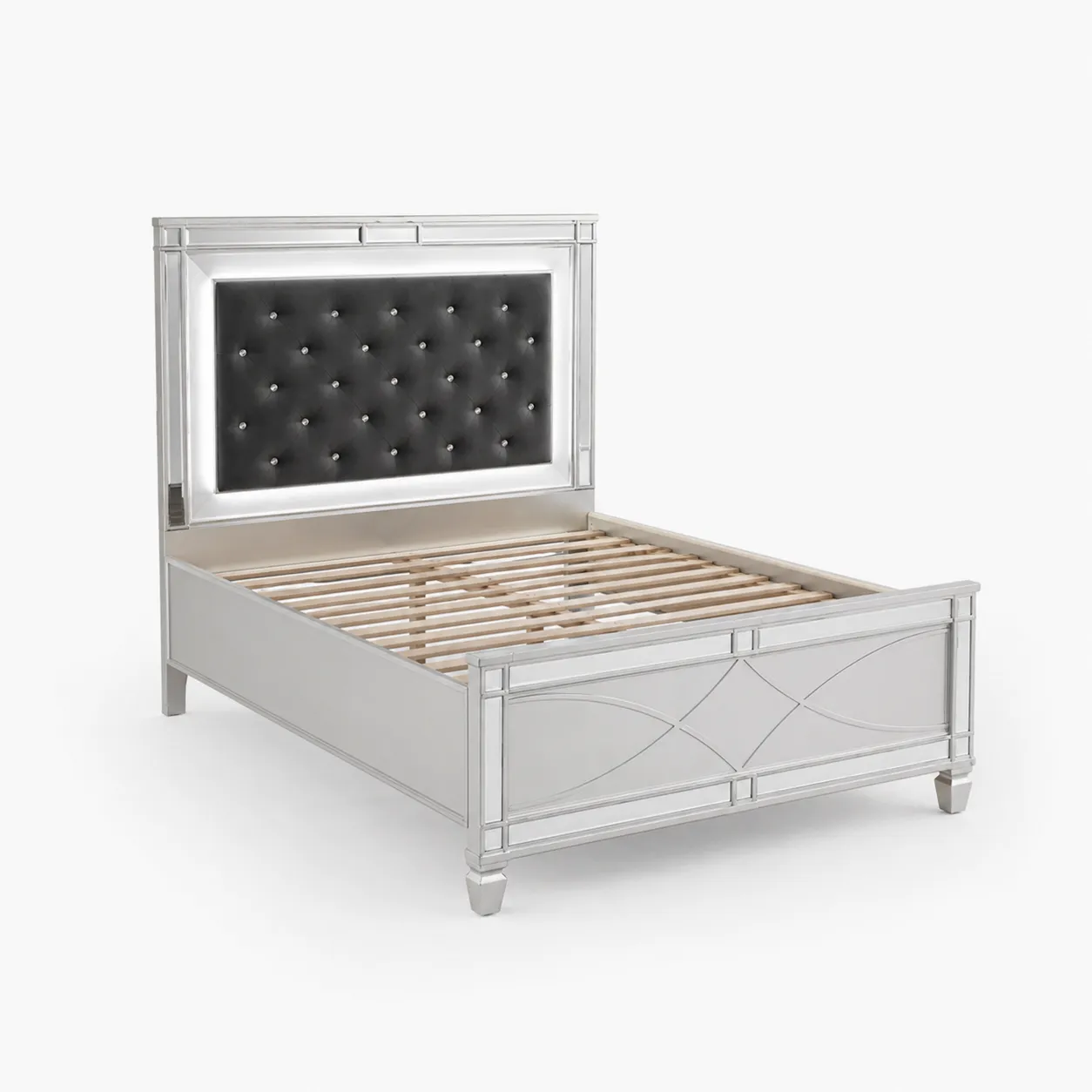 Lit double en bois avec tête de lit capitonnée en cuir synthétique