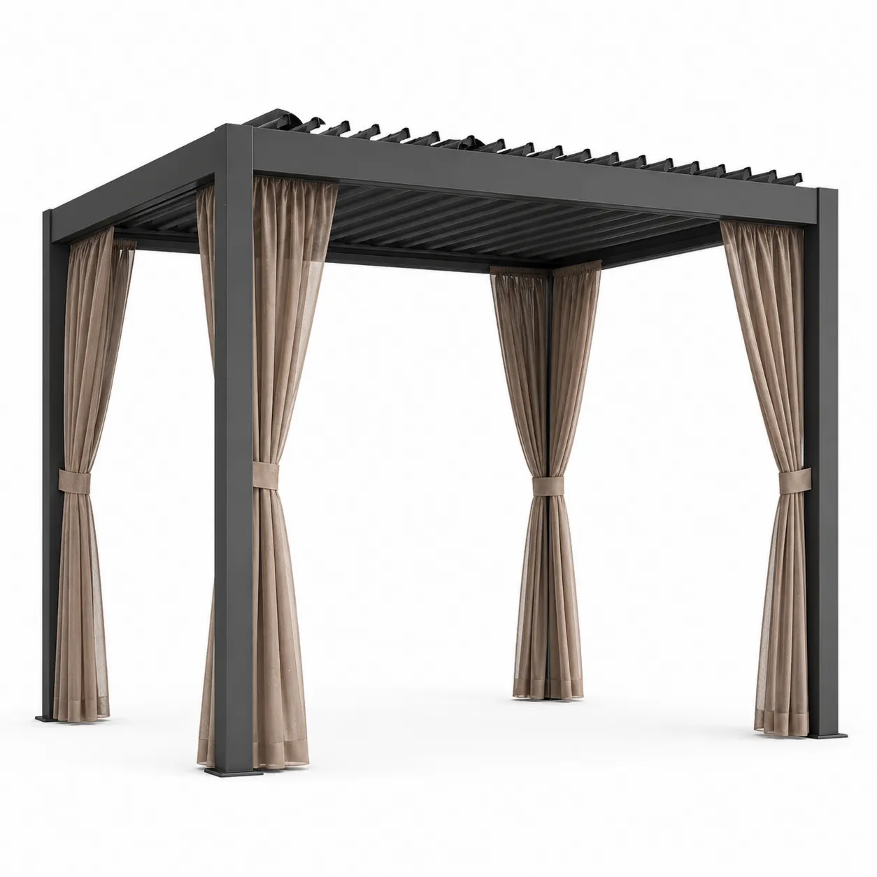 Pergola en aluminium avec toit lames orientables et rideaux polyester 300x300x250 cm