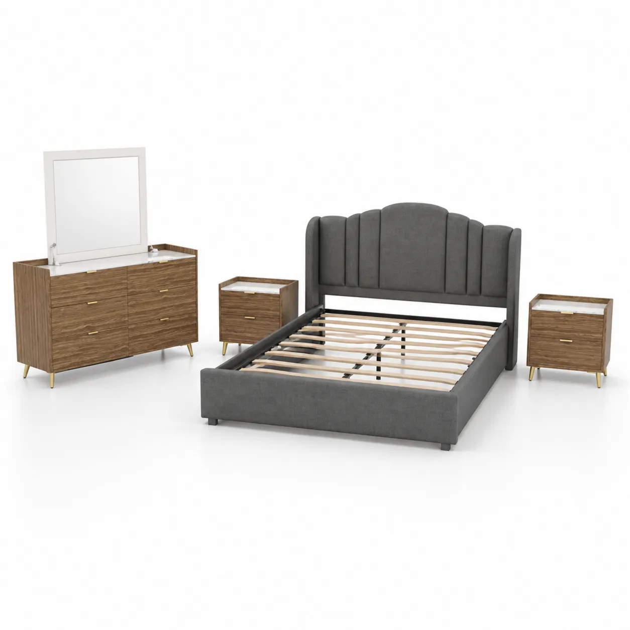 Ensemble de chambre en bois et textile gris avec commode et tables de chevet