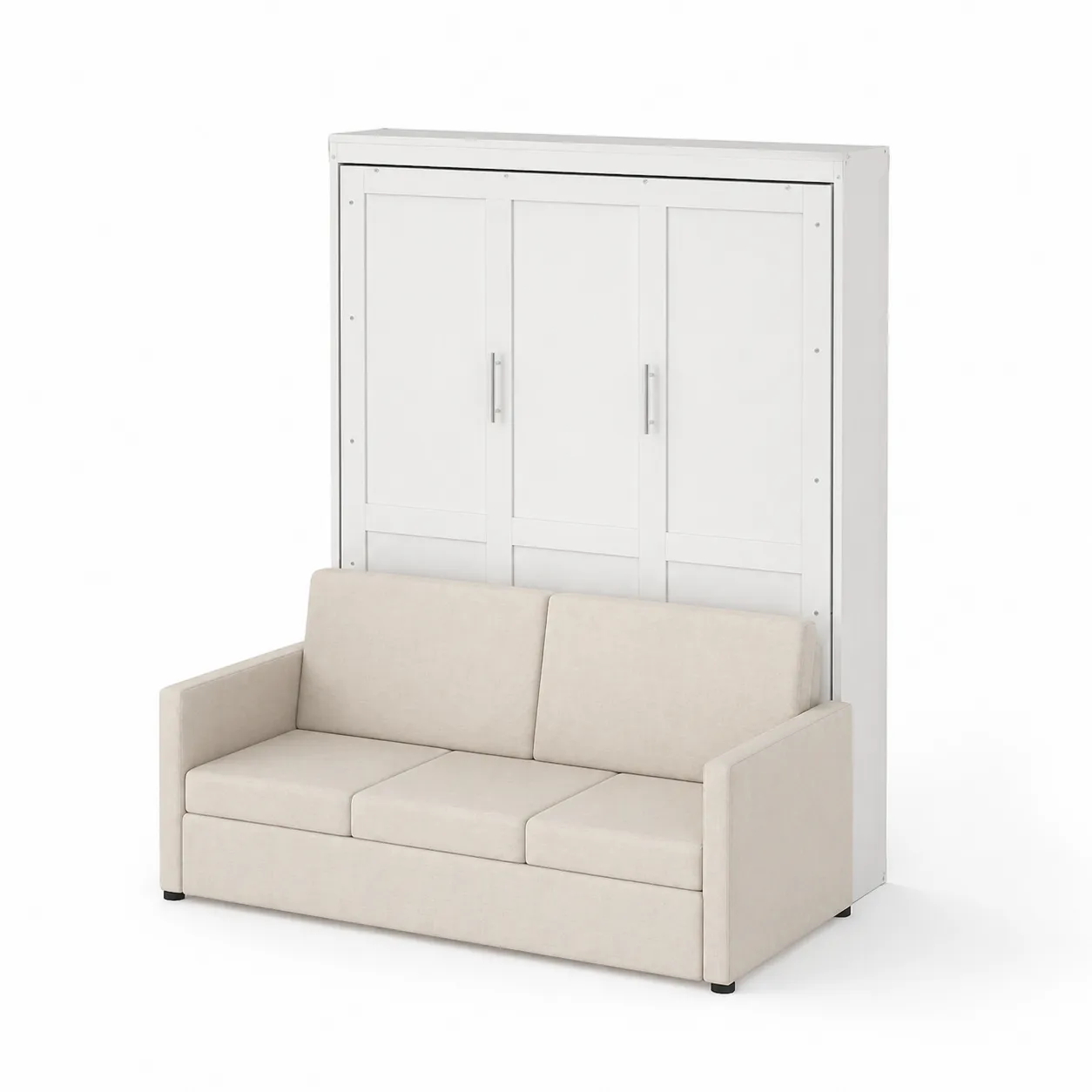 Lit escamotable avec canapé en polyester beige et bois blanc