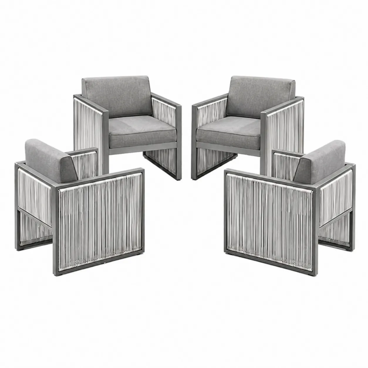 Ensemble de 4 fauteuils en aluminium et corde, coussins gris