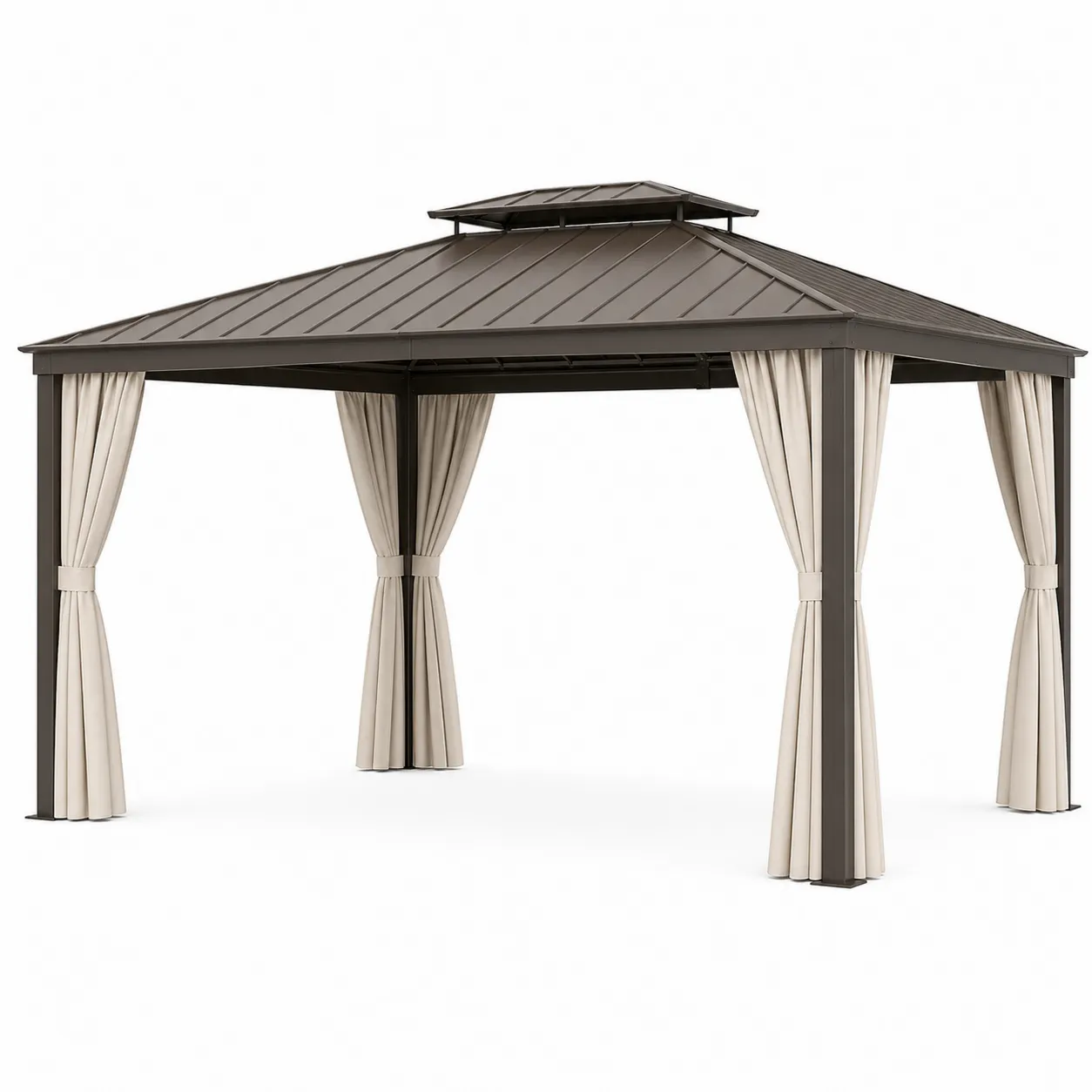 Pavillon en aluminium 3x3m avec toit en métal et rideaux Beige