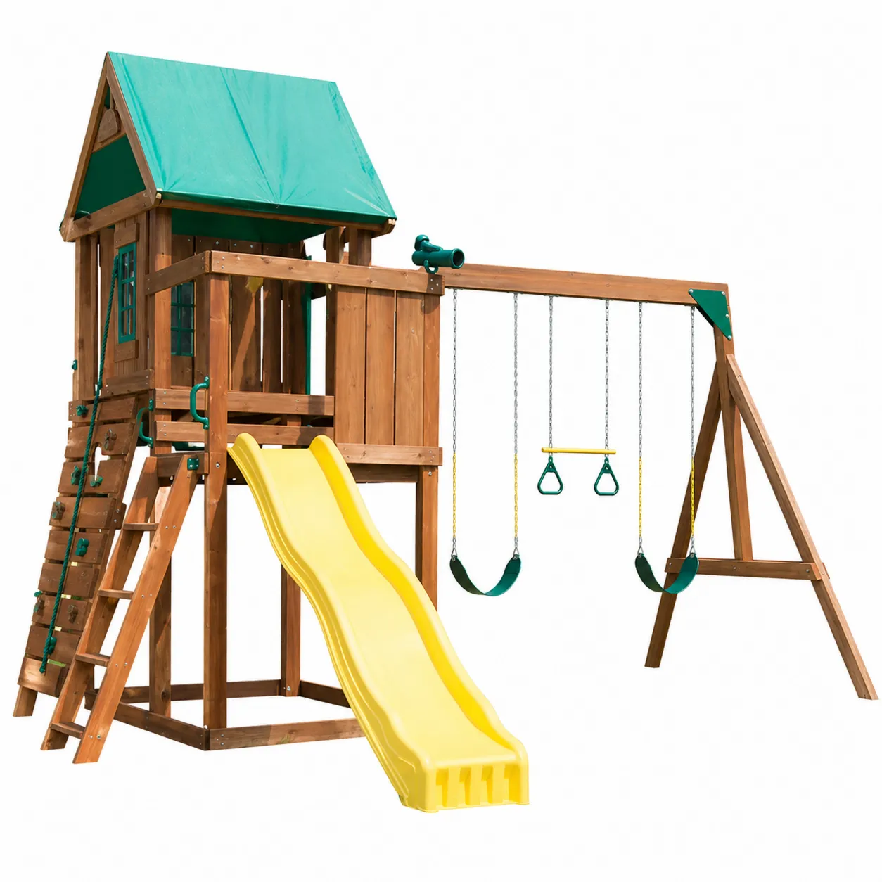 Aire de jeux en bois avec toboggan en plastique jaune