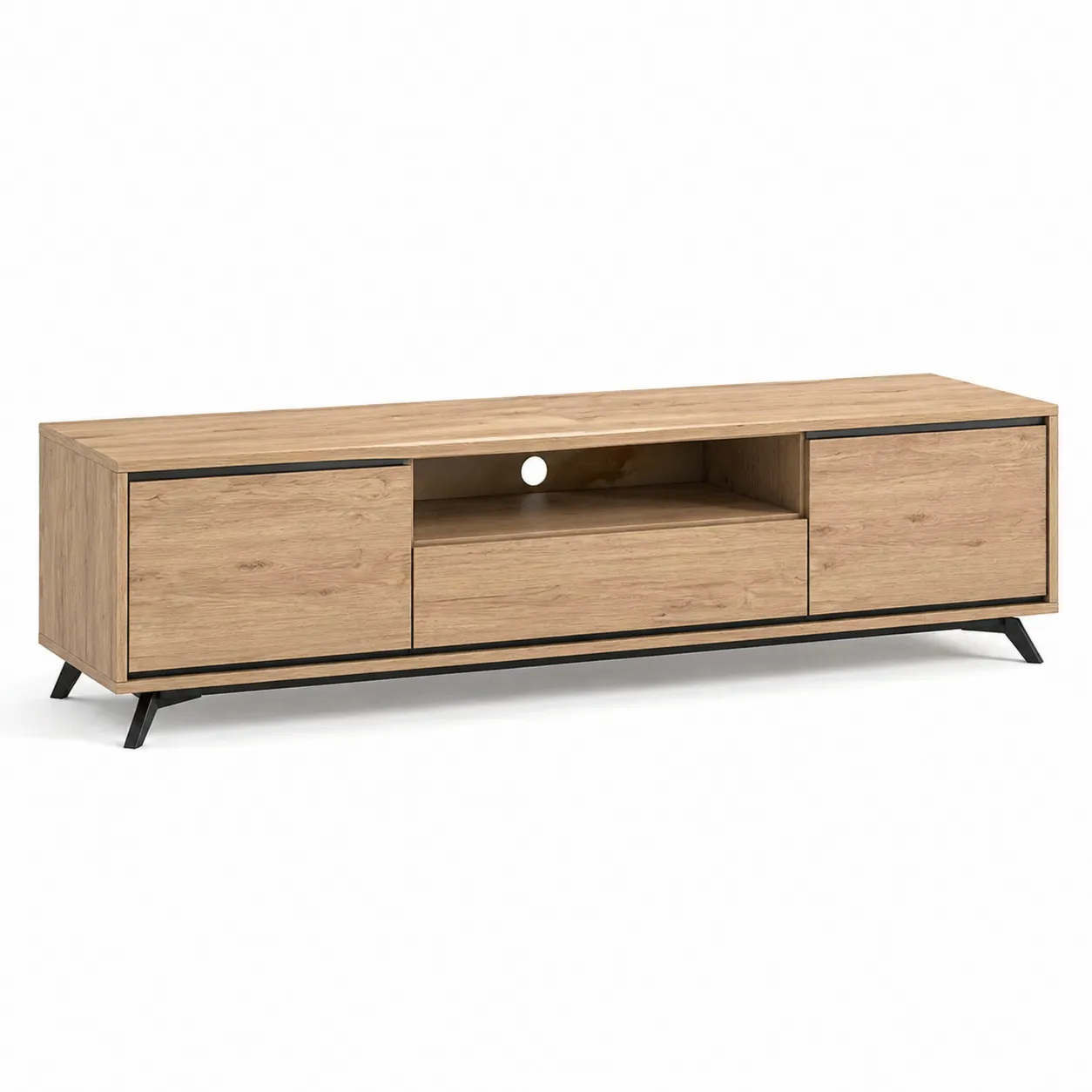 Meuble TV en bois et métal avec rangement chêne clair 150 cm