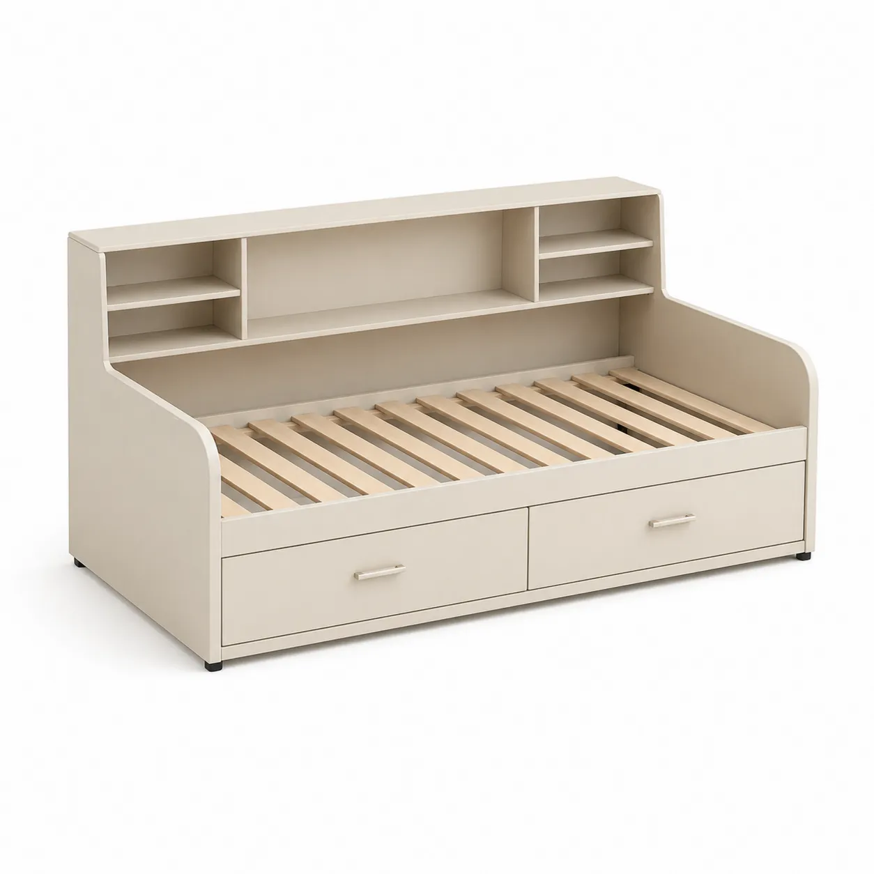 Lit en bois avec rangement, étagères et tiroirs Beige