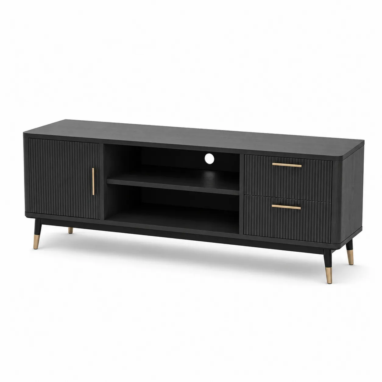 Meuble TV en bois MDF et métal noir avec détails dorés 150 cm