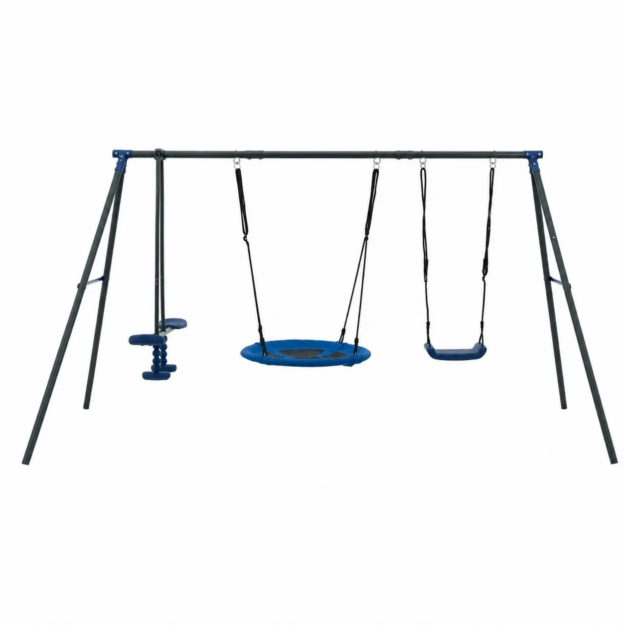 Ensemble de balançoires en acier avec siège nid et corde à grimper Bleu