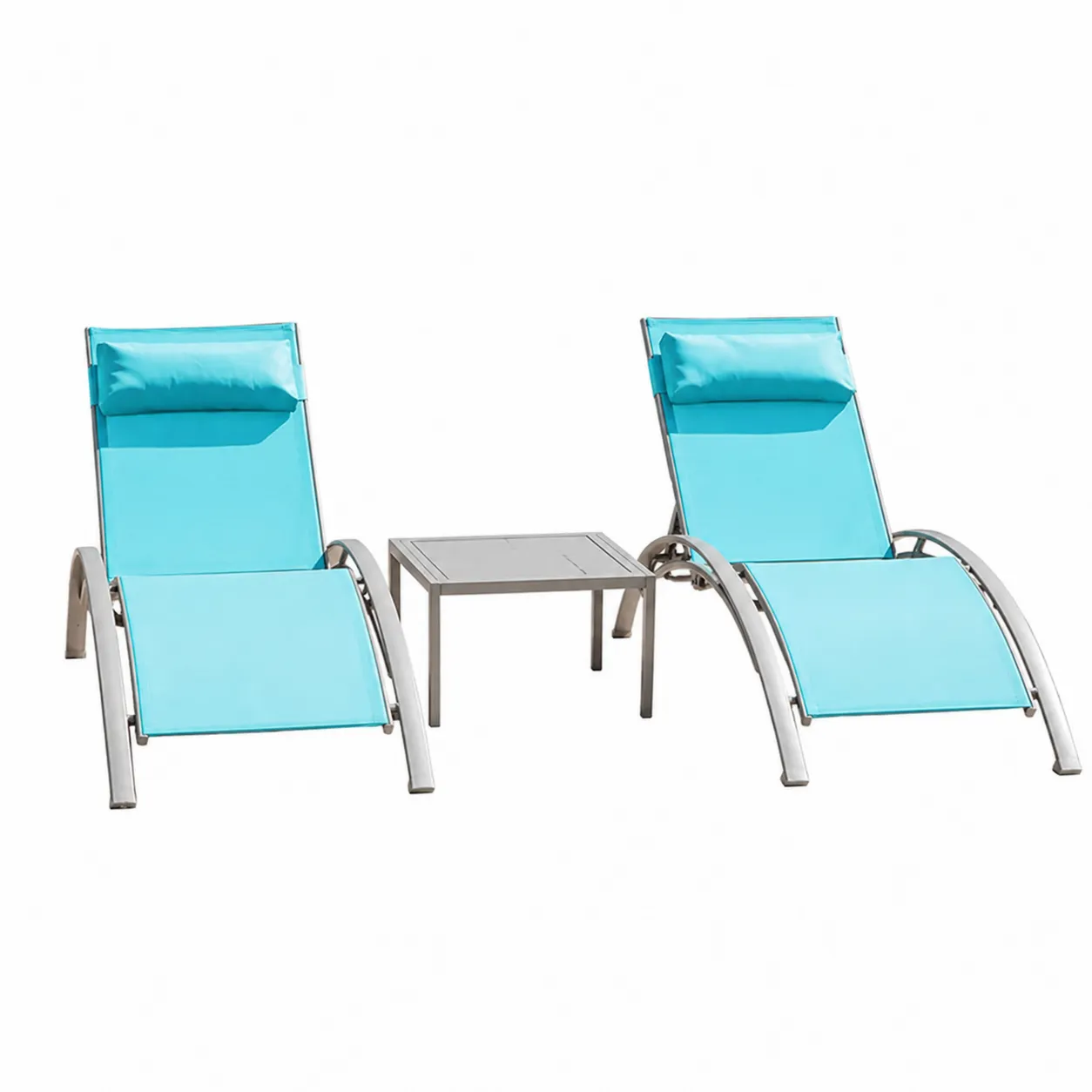 Ensemble de 2 chaises longues extérieures en métal avec table Bleu