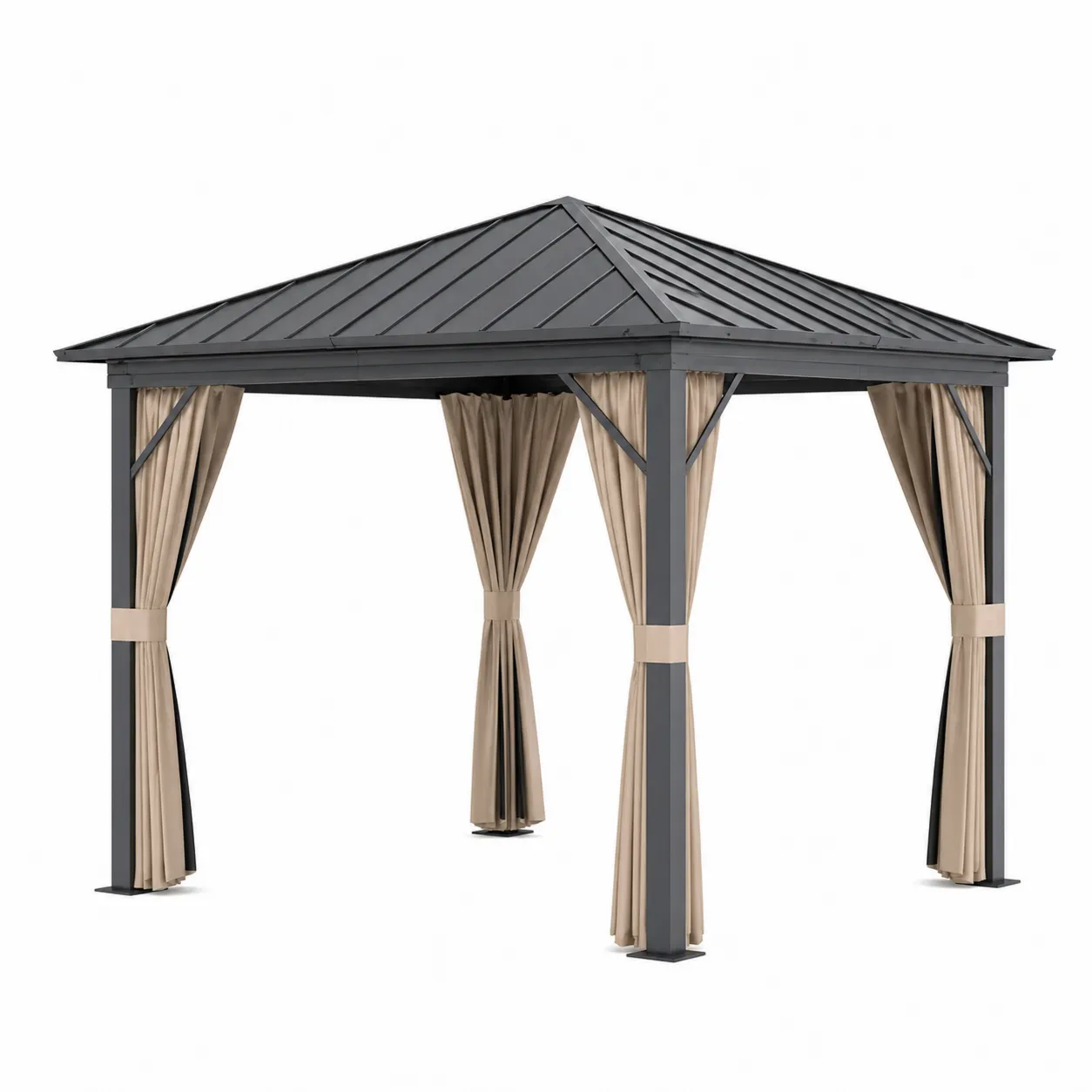 Pergola en aluminium avec toit en acier et rideaux en polyester